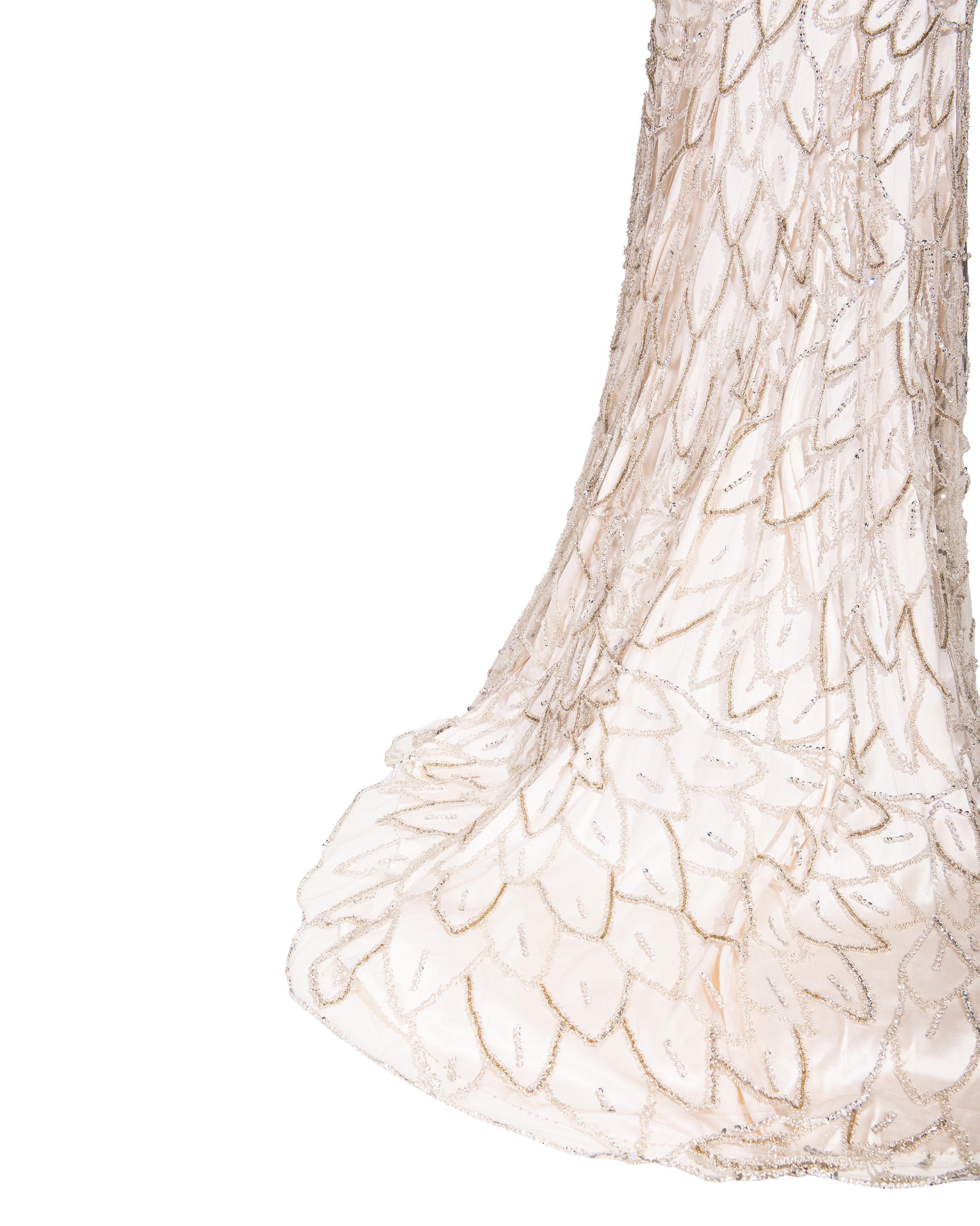 A/W 2001 Atelier Versace Ecru Heavily Embellished Long Sleeve Semi-Sheer Gown 12