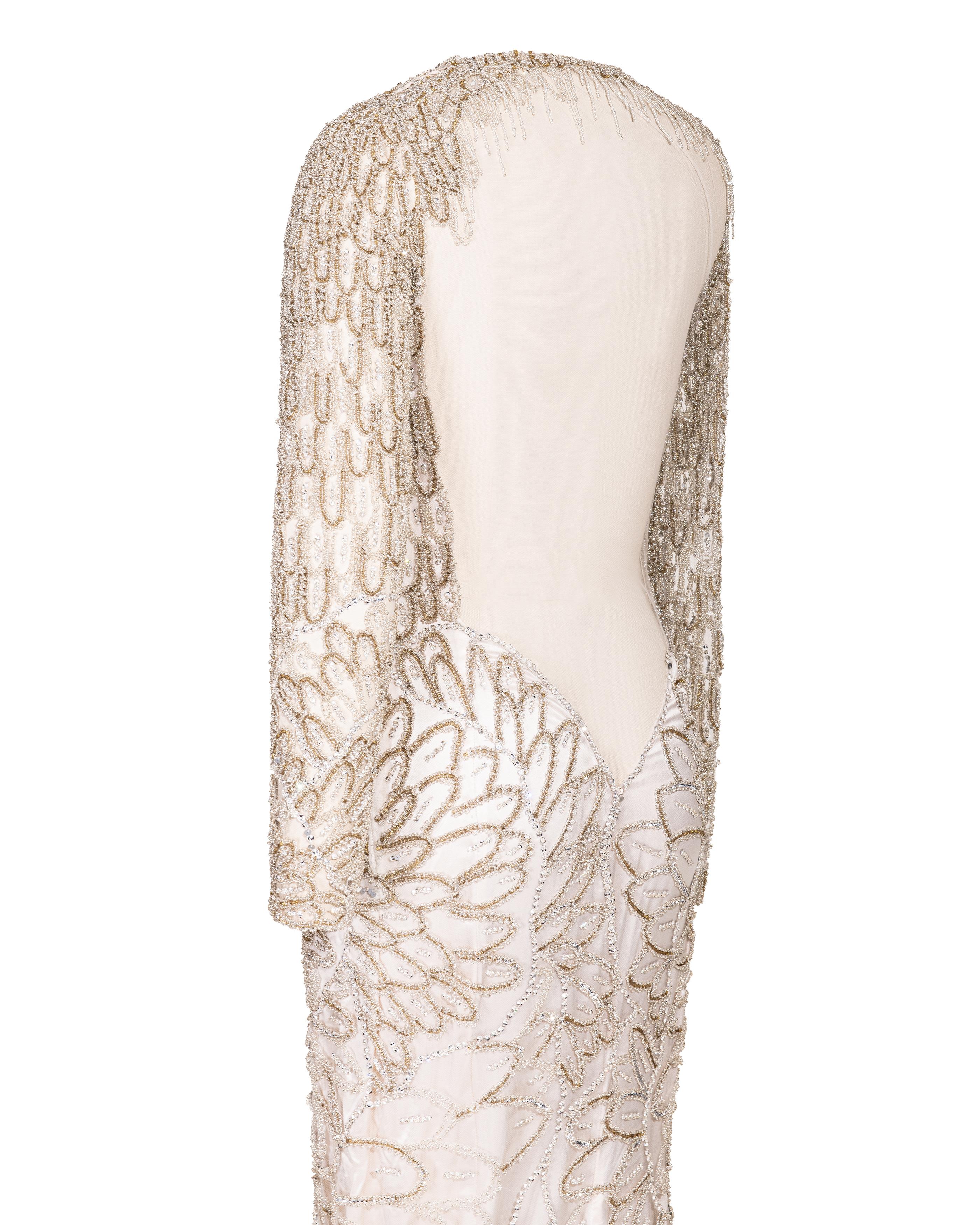 A/W 2001 Atelier Versace Ecru Heavily Embellished Long Sleeve Semi-Sheer Gown 13