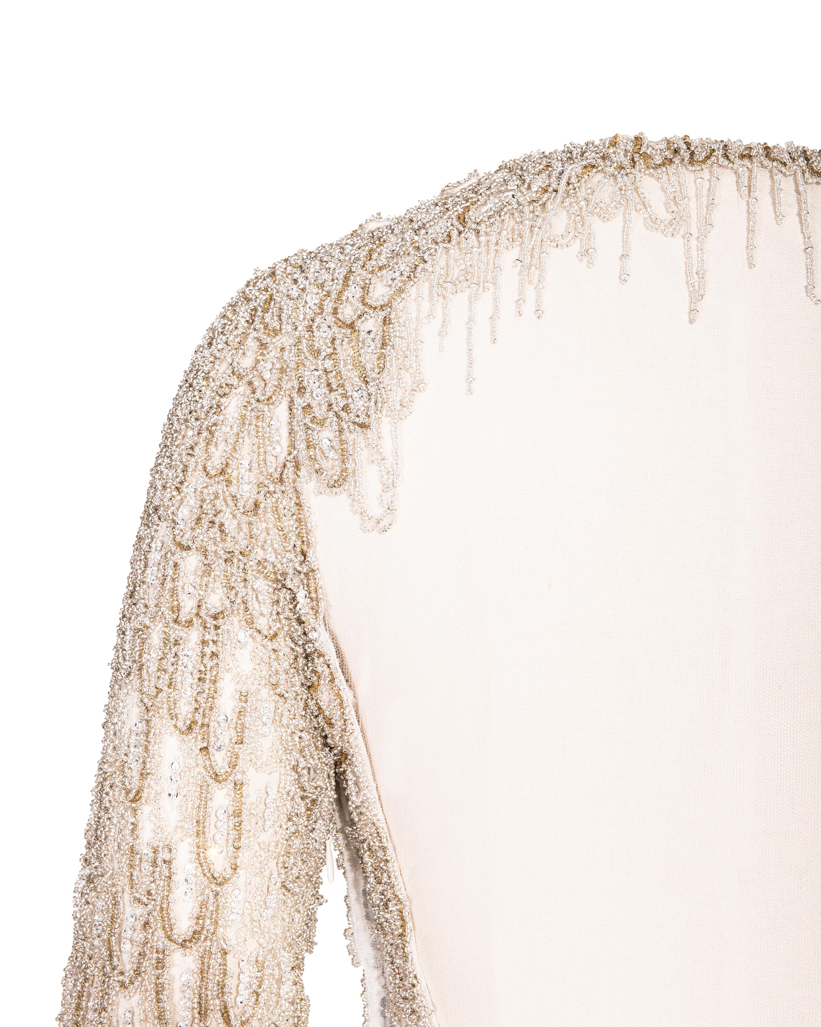 A/W 2001 Atelier Versace Ecru Heavily Embellished Long Sleeve Semi-Sheer Gown 15