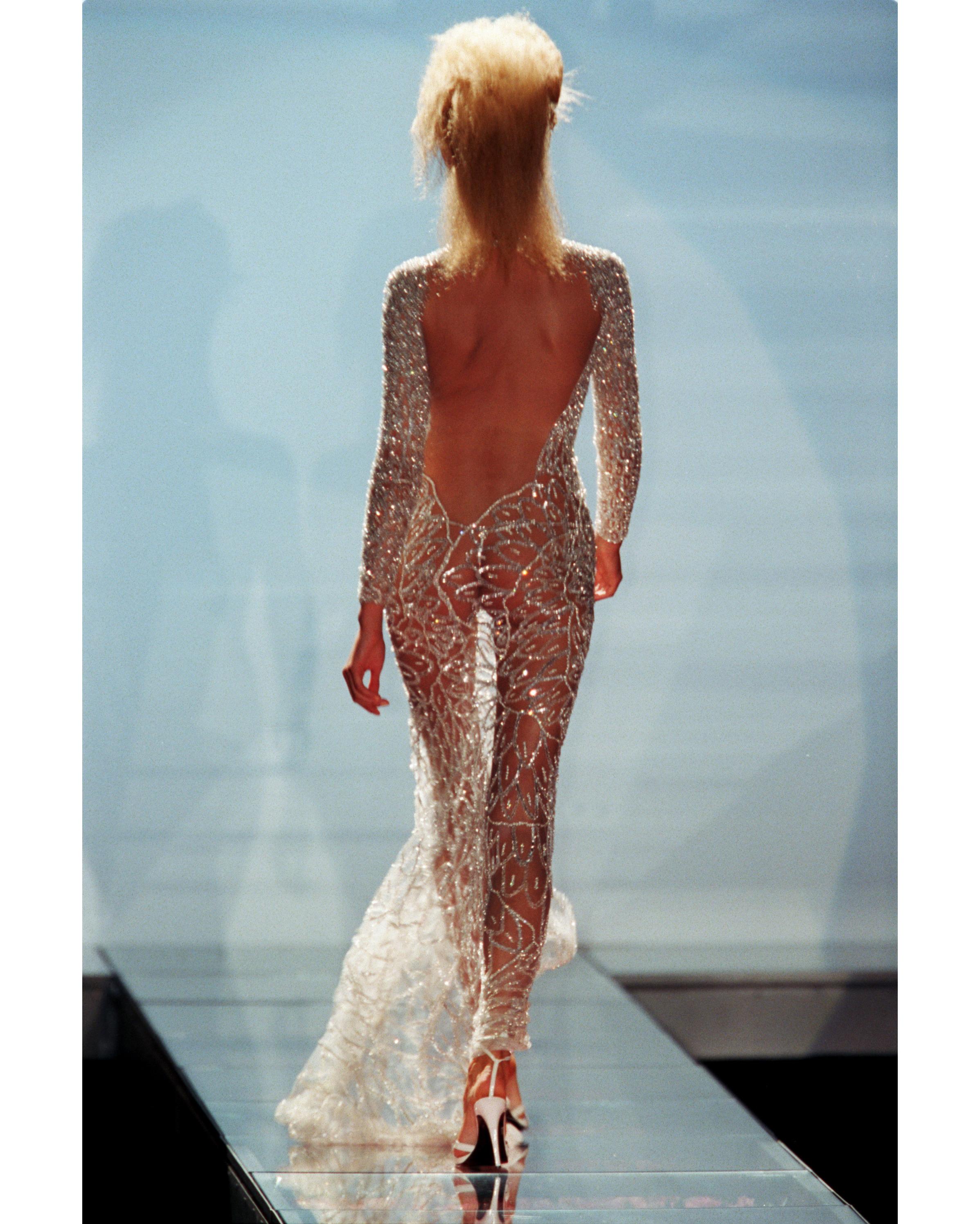 A/W 2001 Atelier Versace Ecru Heavily Embellished Long Sleeve Semi-Sheer Gown 16