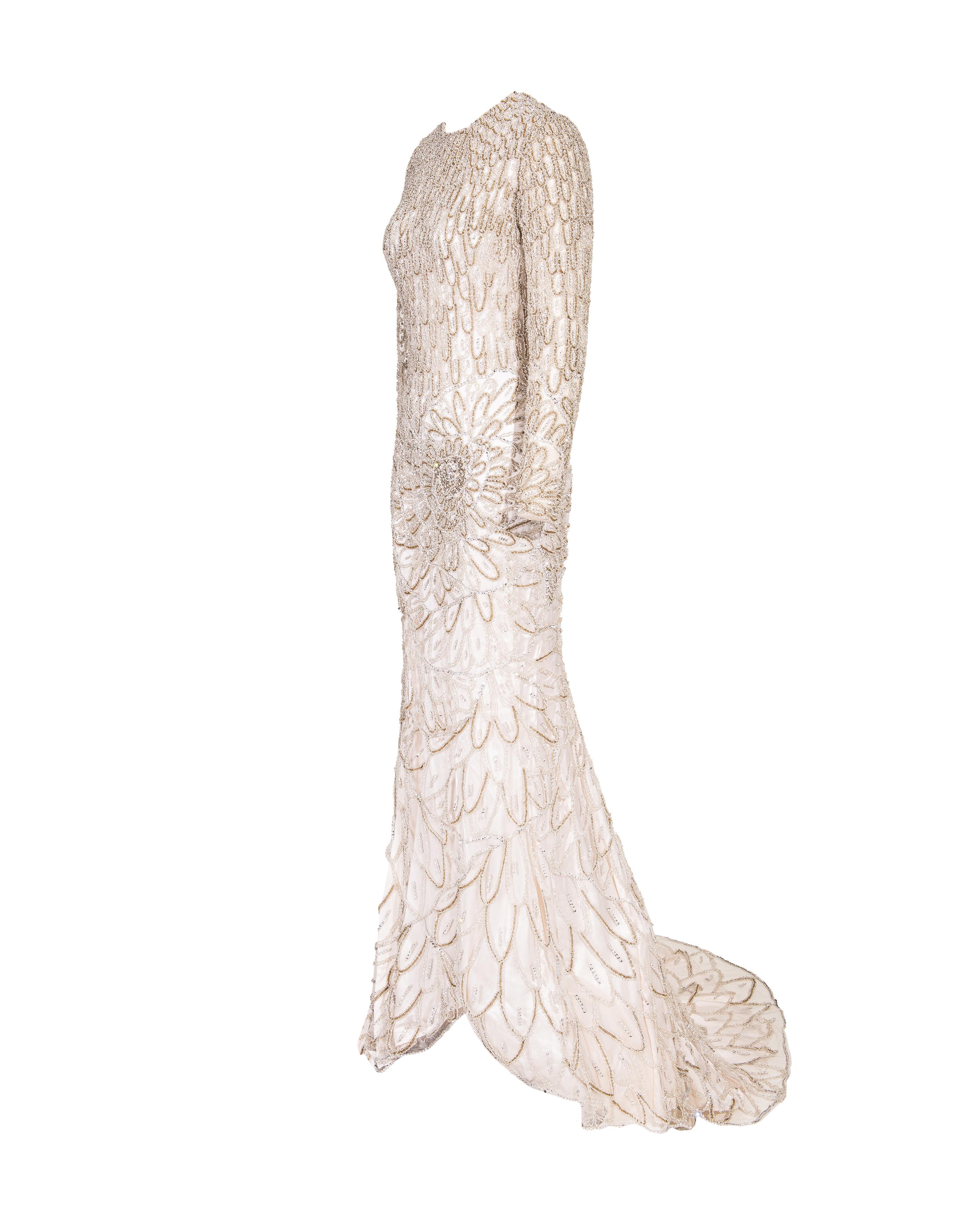 A/W 2001 Atelier Versace Ecru Heavily Embellished Long Sleeve Semi-Sheer Gown In Excellent Condition In North Hollywood, CA