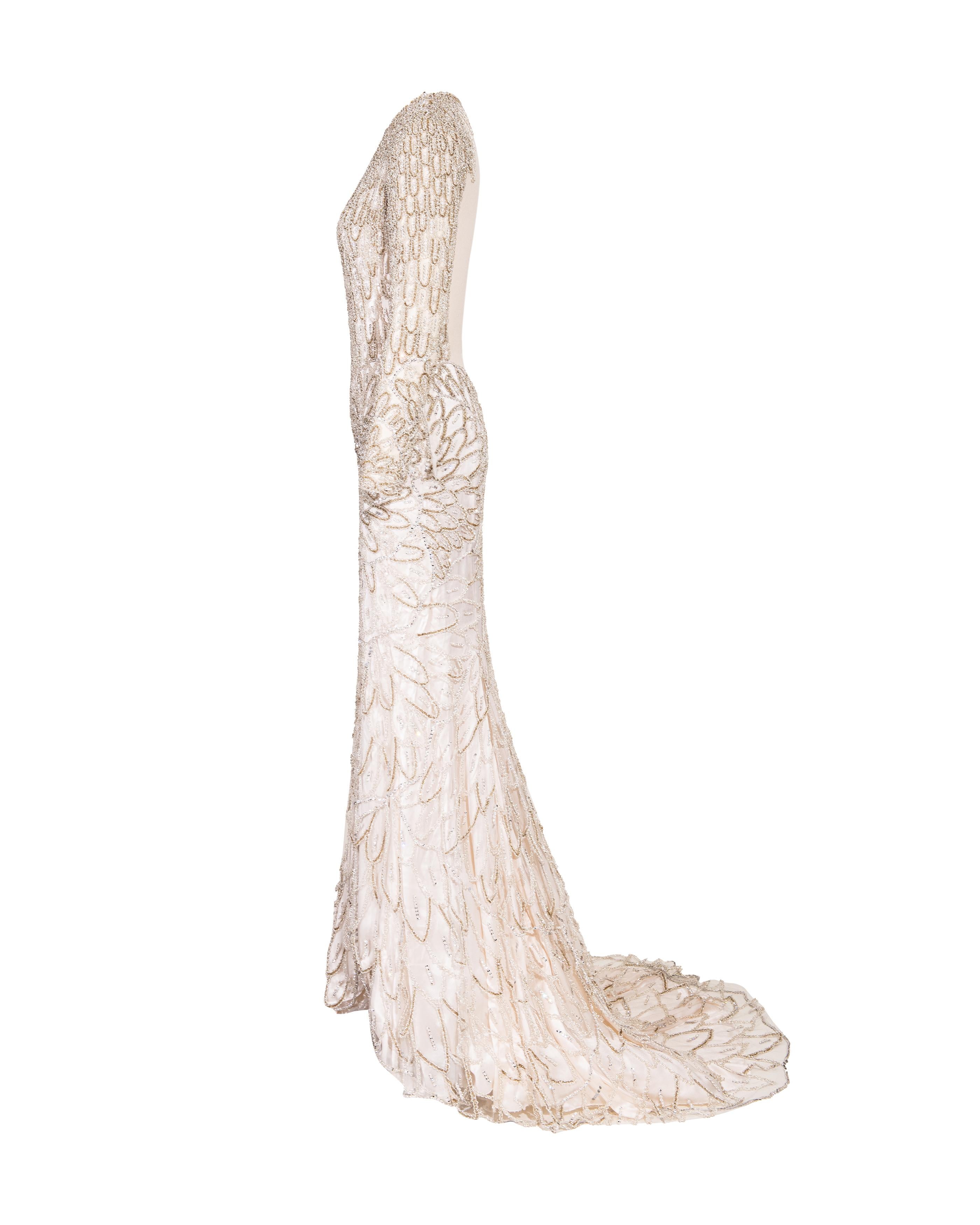 Women's A/W 2001 Atelier Versace Ecru Heavily Embellished Long Sleeve Semi-Sheer Gown