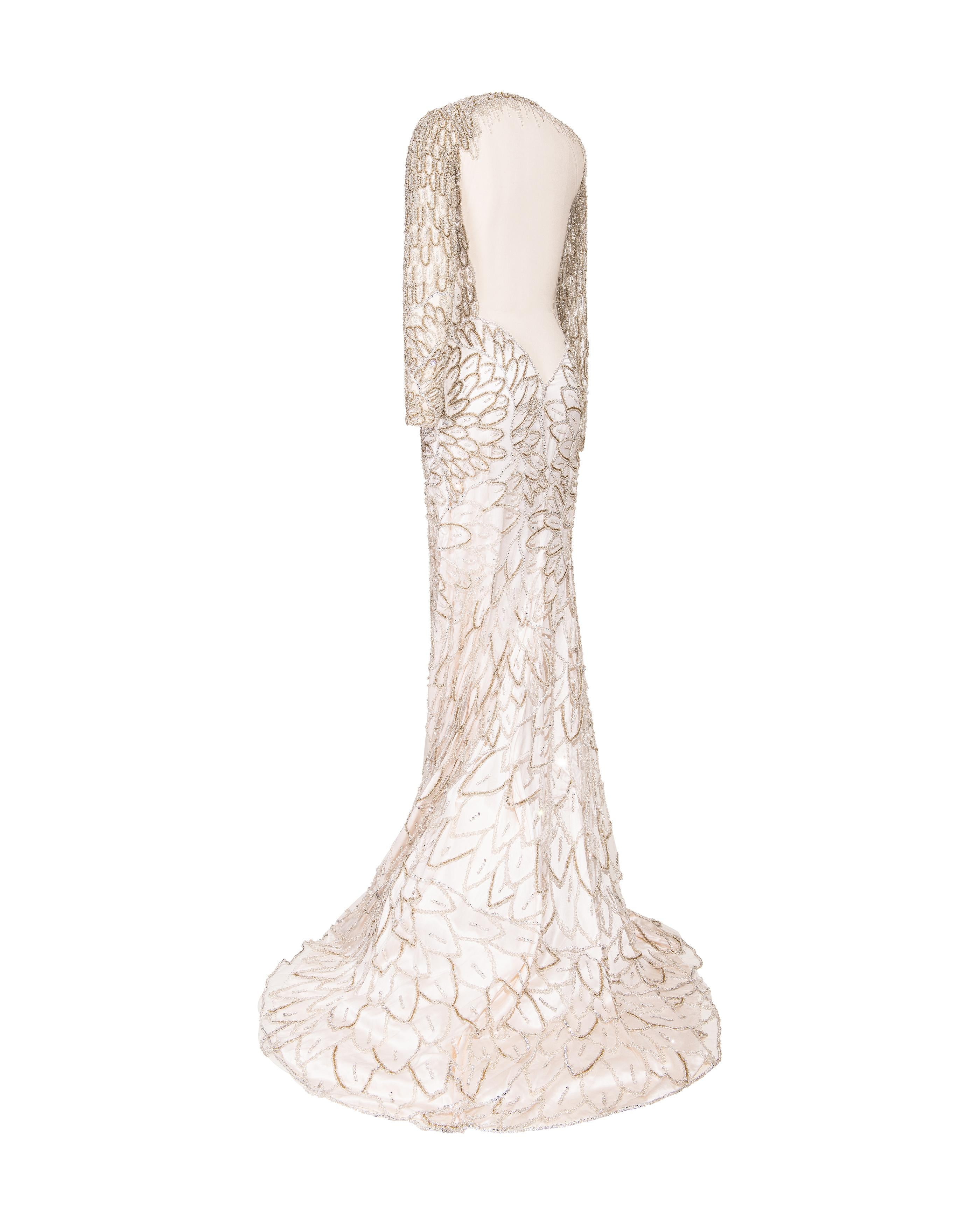 A/W 2001 Atelier Versace Ecru Heavily Embellished Long Sleeve Semi-Sheer Gown 1