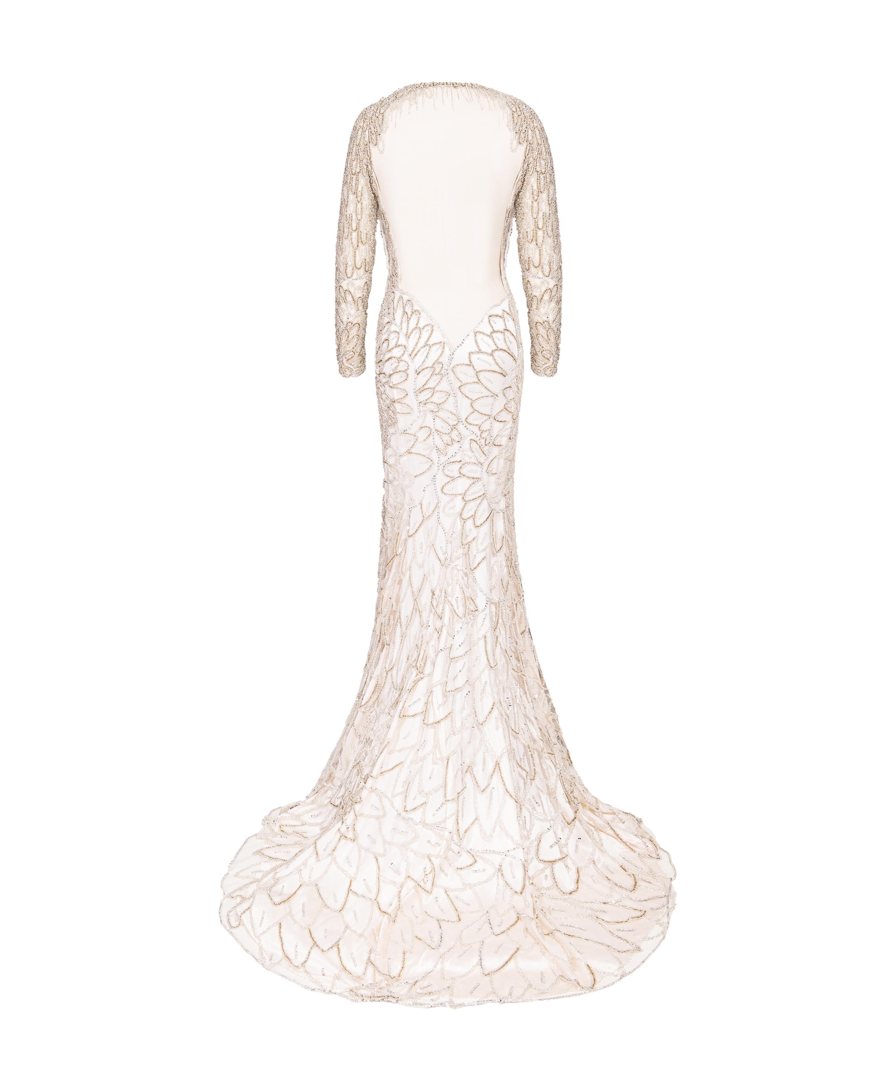 A/W 2001 Atelier Versace Ecru Heavily Embellished Long Sleeve Semi-Sheer Gown 2