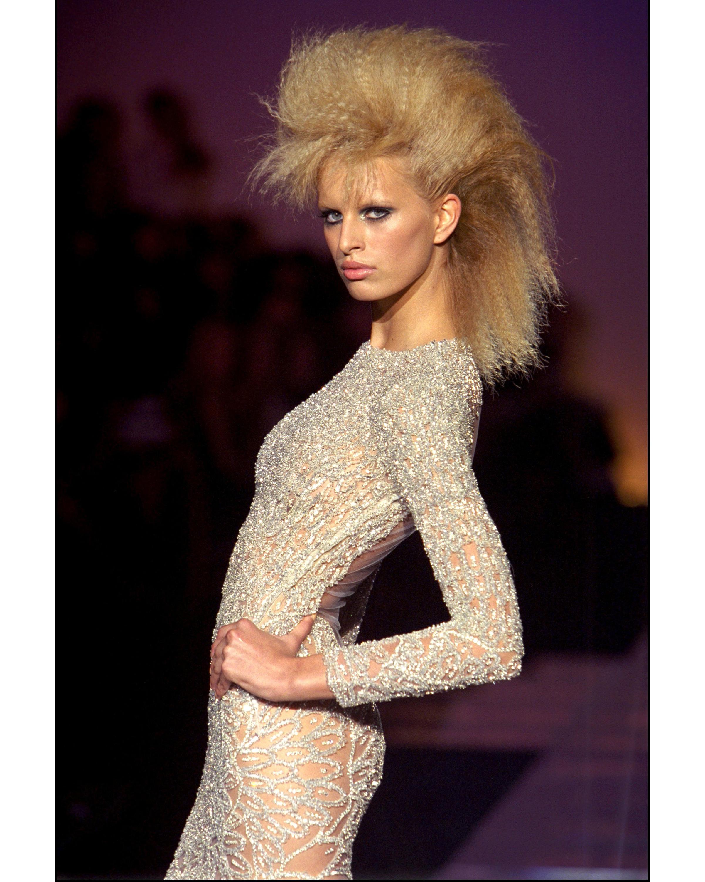 A/W 2001 Atelier Versace Ecru Heavily Embellished Long Sleeve Semi-Sheer Gown 3
