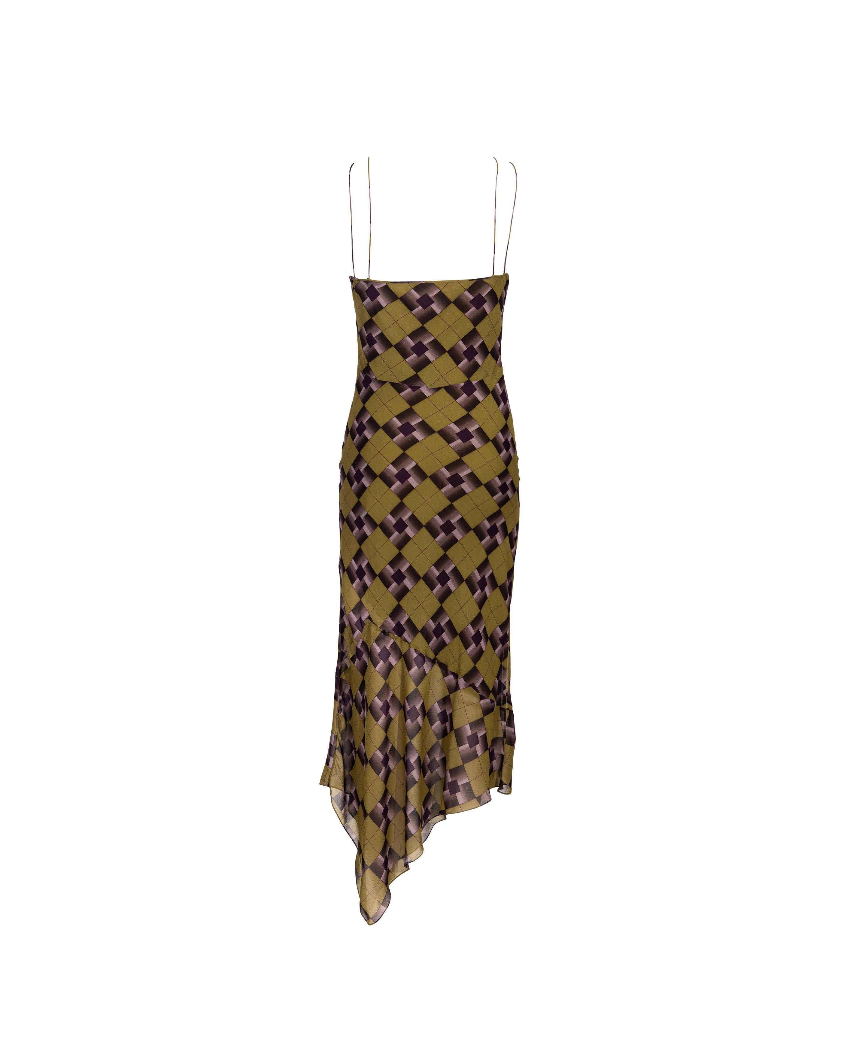 Women's A/W 2001 John Galliano Green and Gray Tartan Silk Chiffon Slip Dress For Sale