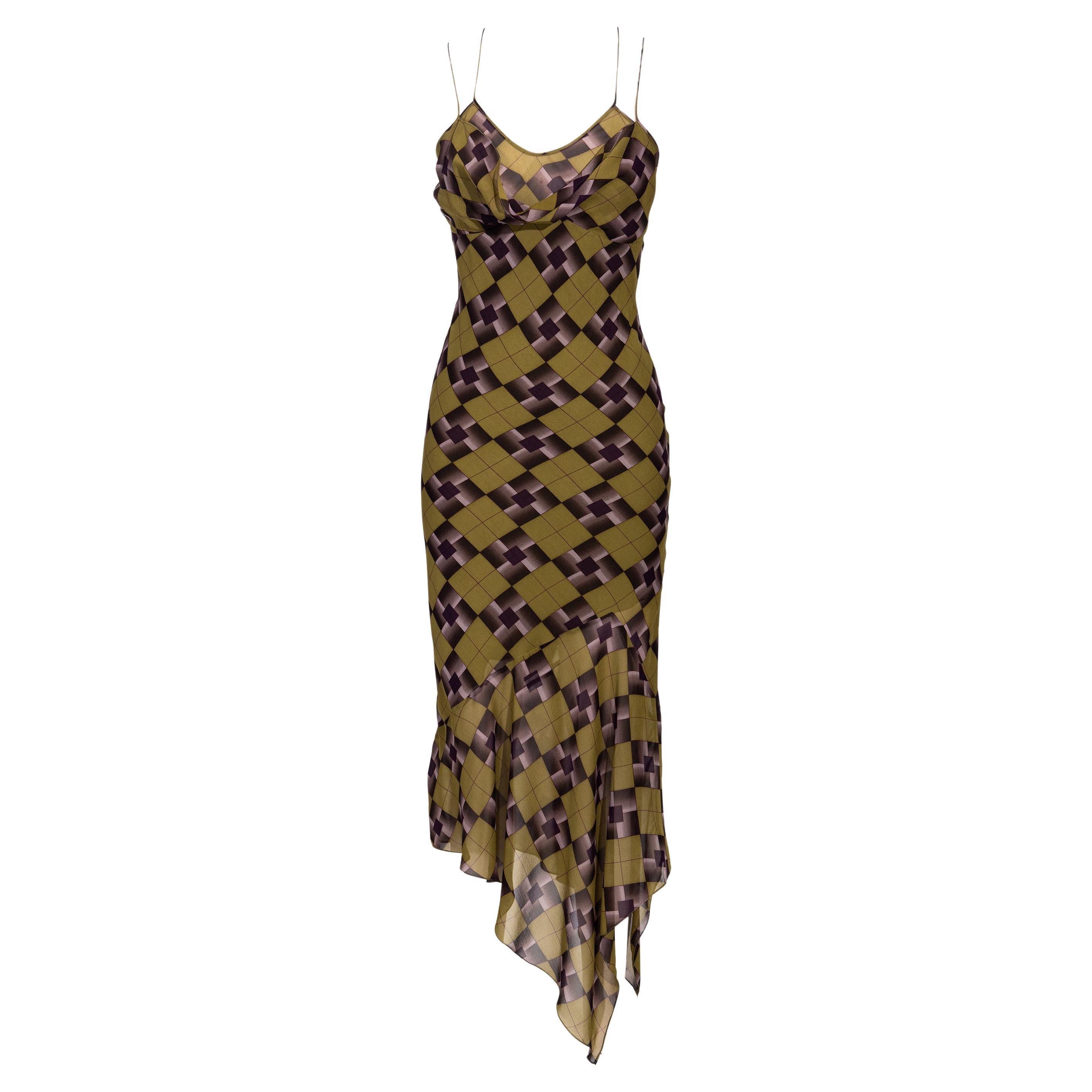 A/W 2001 John Galliano Green and Gray Tartan Silk Chiffon Slip Dress For Sale
