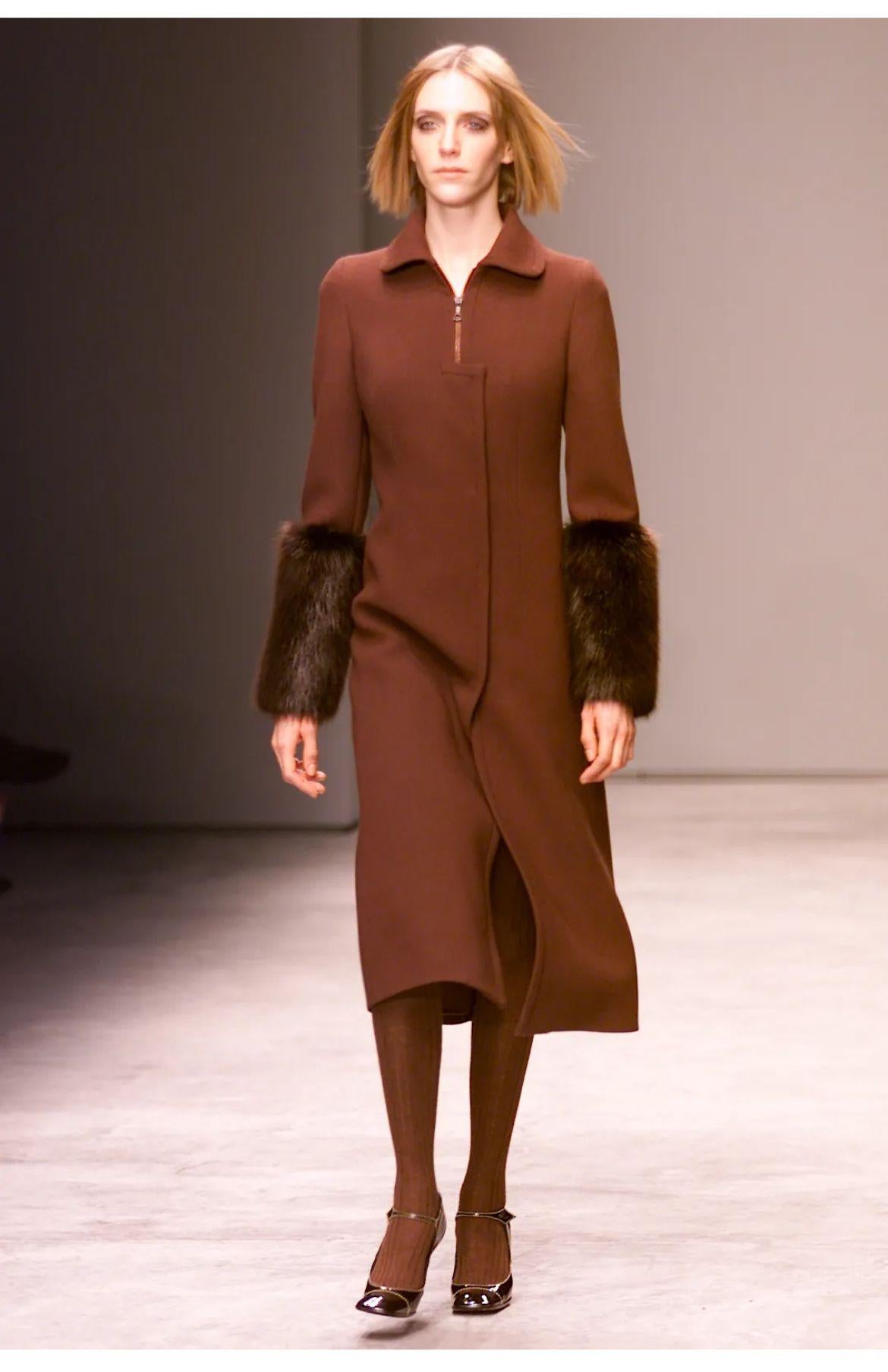 A/W 2001 Prada Chocolate Brown long Wool Coat with Beaver fur Cuffs For Sale 8
