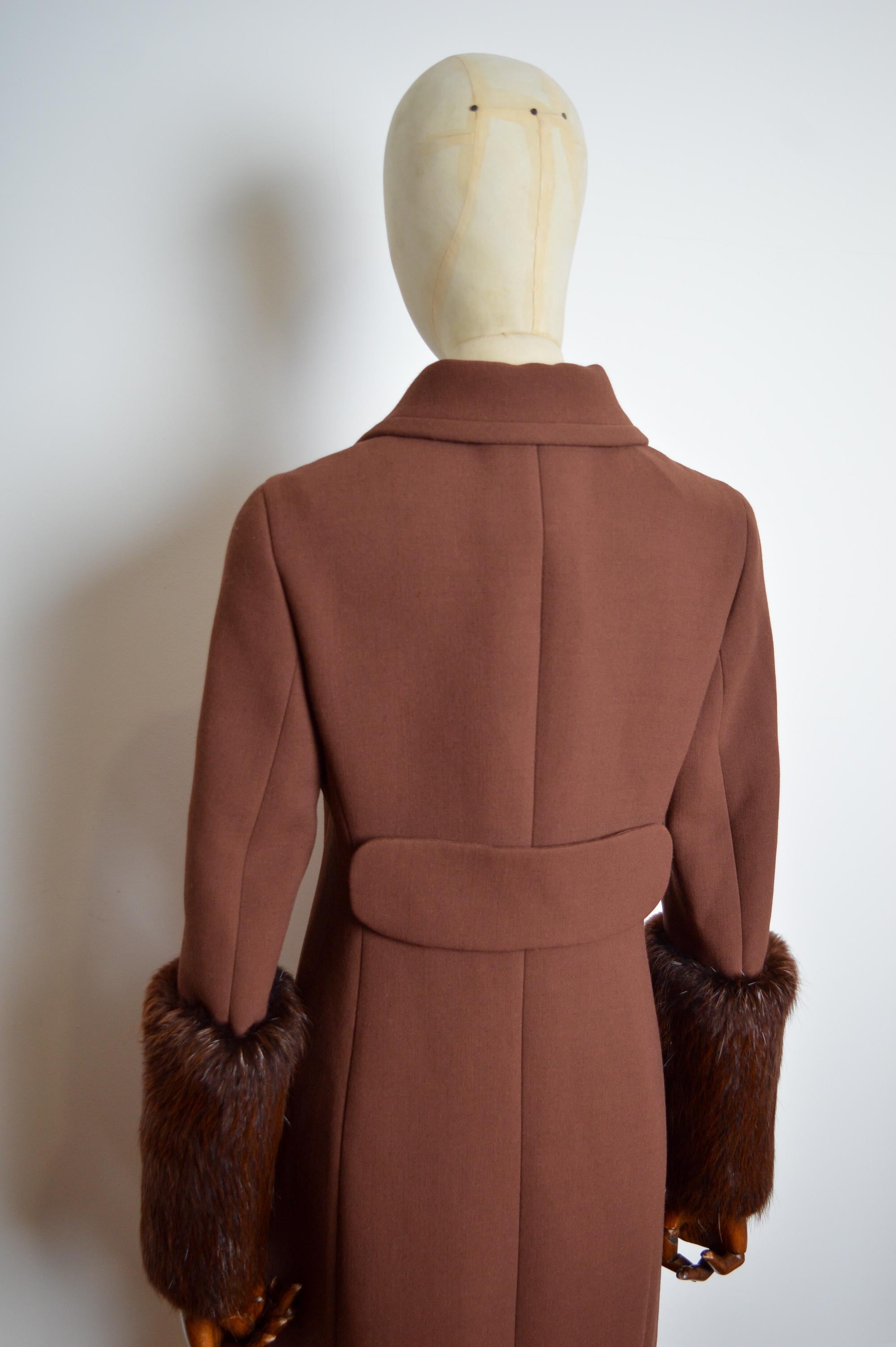 A/W 2001 Prada Chocolate Brown long Wool Coat with Beaver fur Cuffs For Sale 2
