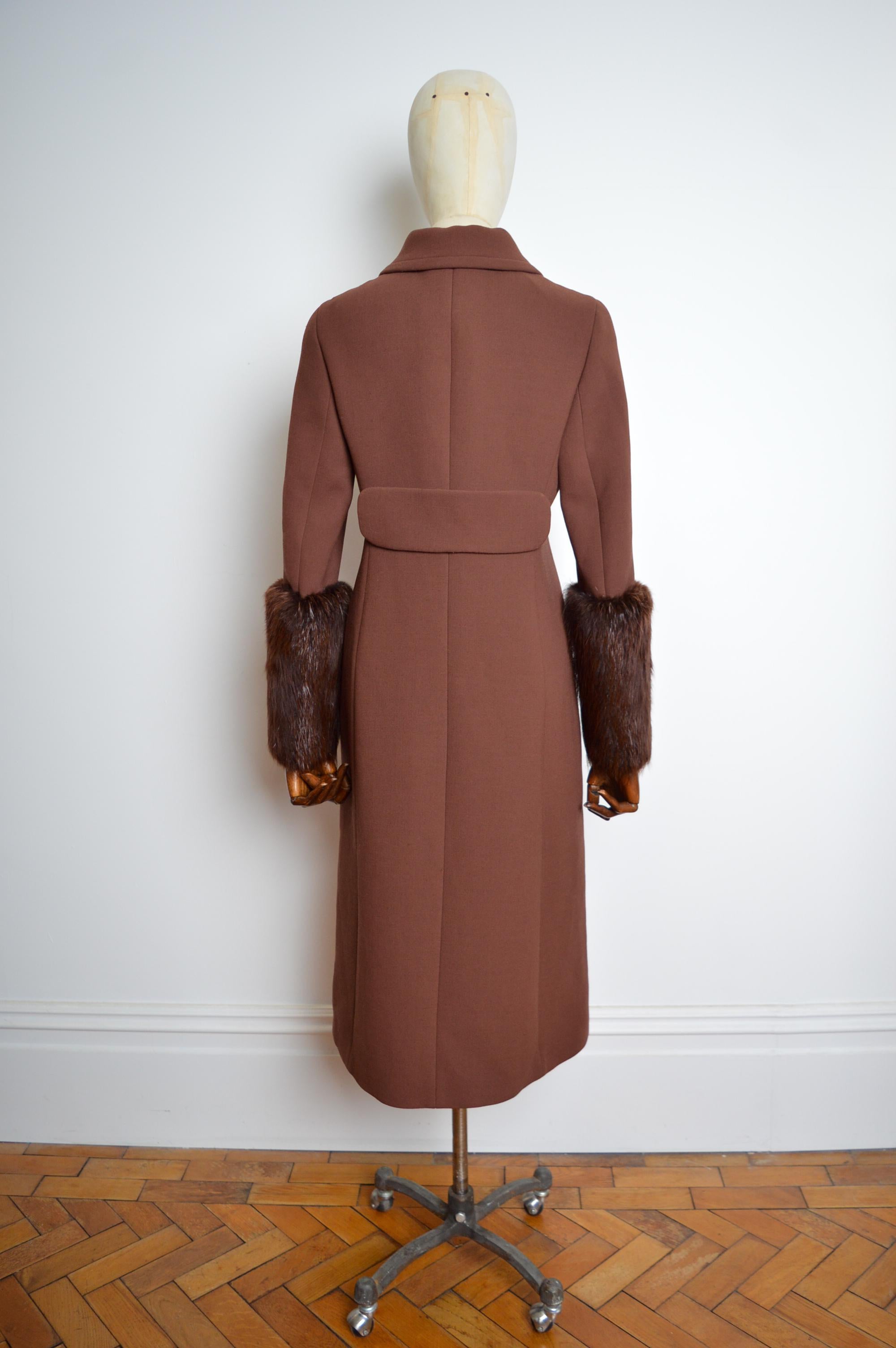 A/W 2001 Prada Chocolate Brown long Wool Coat with Beaver fur Cuffs For Sale 3