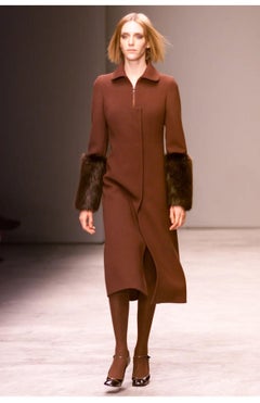 A/W 2001 PRADA Runway Chocolate Brown long Wool Coat with fur Cuffs