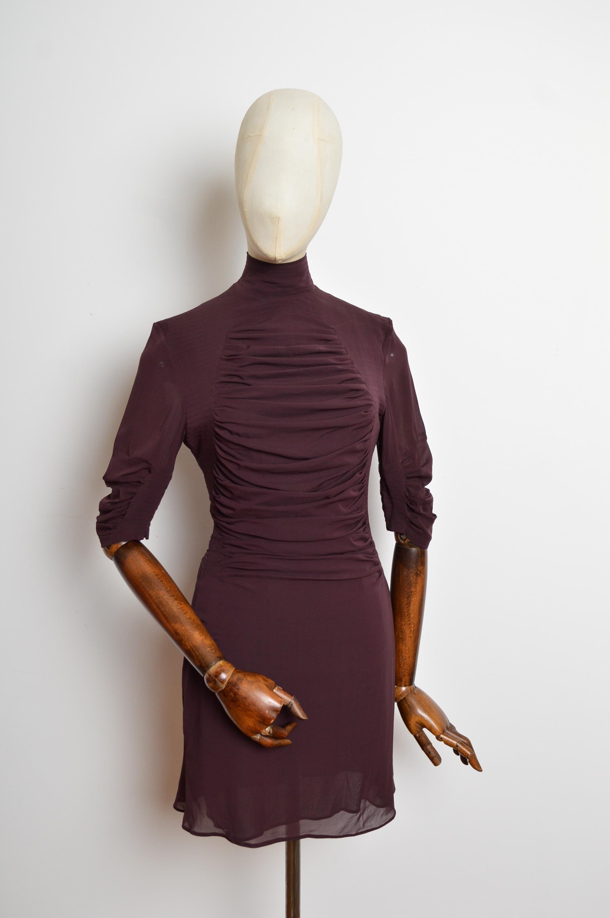 A/W 2001 Yves Saint Laurent by Tom Ford Plum Maroon Silk high Neck mini Dress In Good Condition For Sale In Sheffield, GB