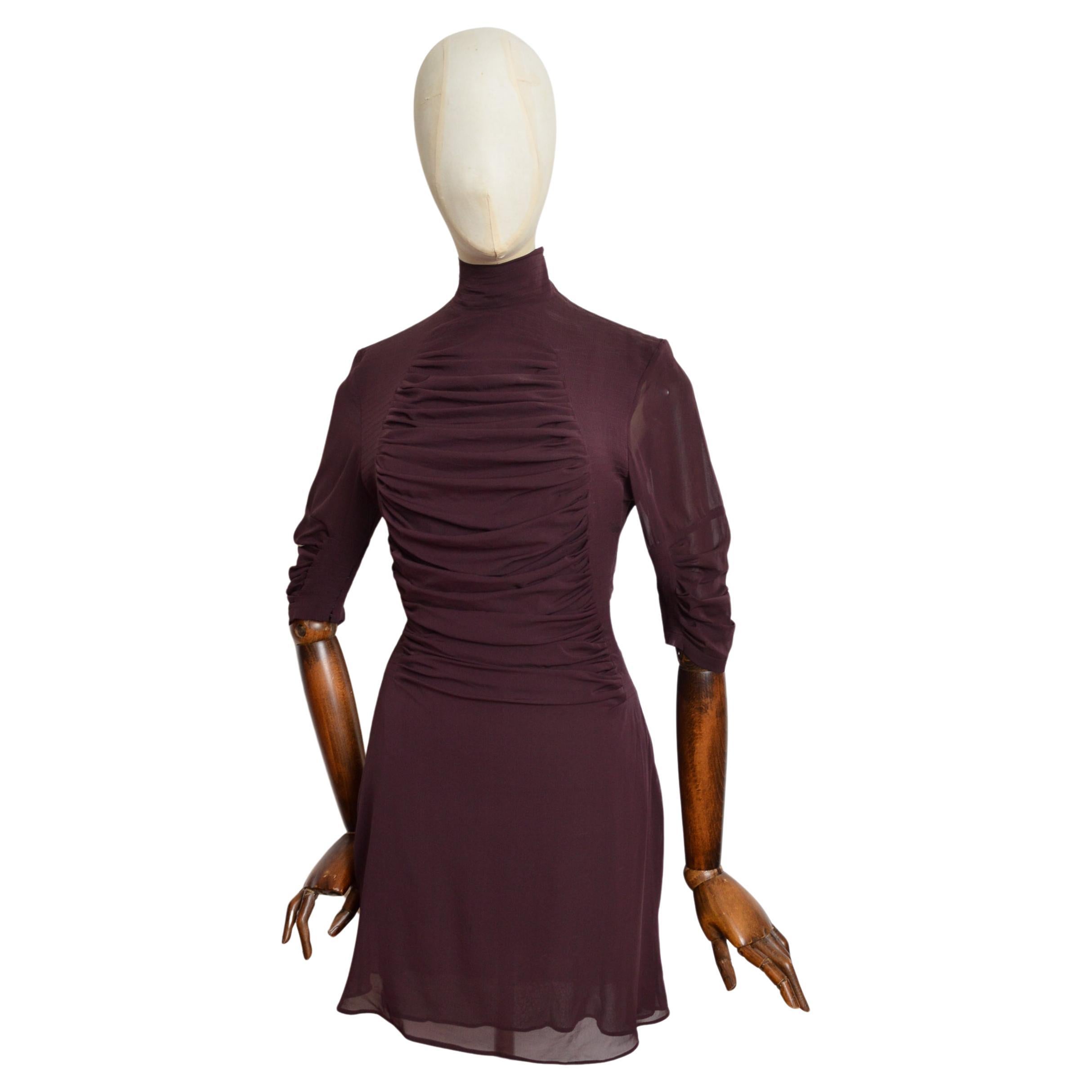 A/W 2001 Yves Saint Laurent by Tom Ford Plum Maroon Silk high Neck mini Dress For Sale