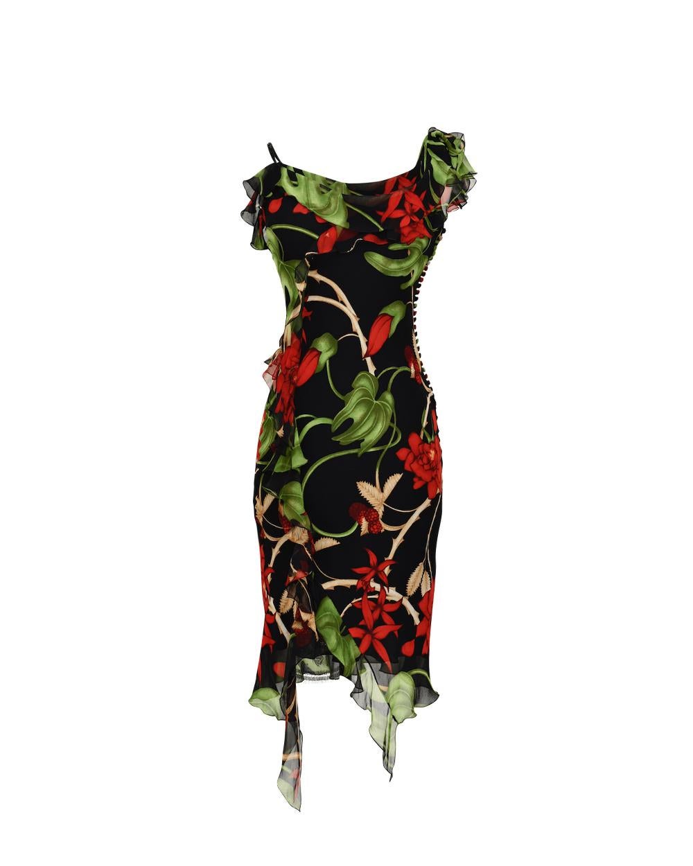 A/W 2002 Christian Dior by John Galliano Silk Black Tropical Dress In Excellent Condition In North Hollywood, CA