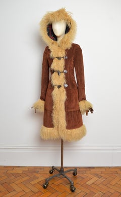 A/W 2002 Dolce & Gabbana Brown Suede Beige Mongolian Lamb Hooded Penny Lane Coat