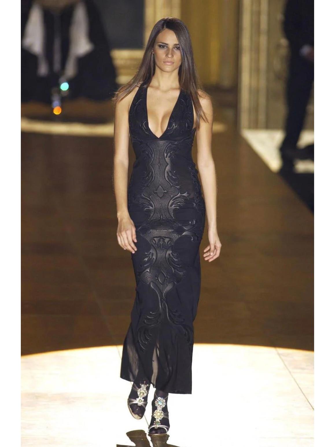 Noir A/W 2002 Roberto Cavalli runway leather floral patches sheer dress en vente