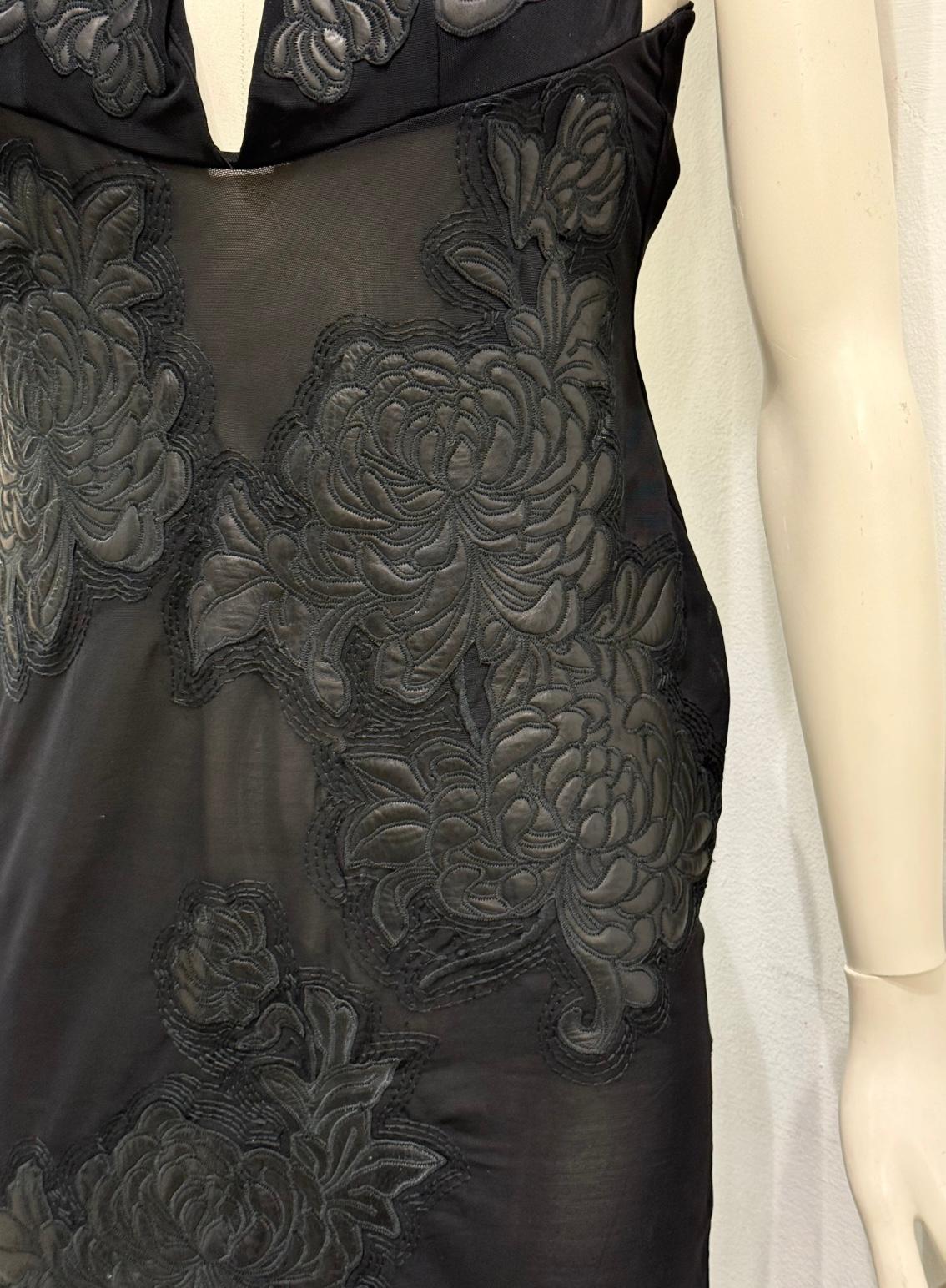 A/W 2002 Roberto Cavalli runway leather floral patches sheer dress Excellent état - En vente à Milano, Lombardia
