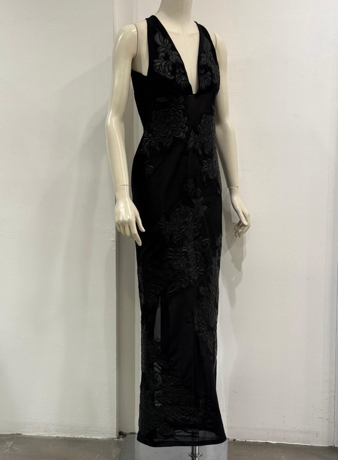 A/W 2002 Roberto Cavalli runway leather floral patches sheer dress en vente 1