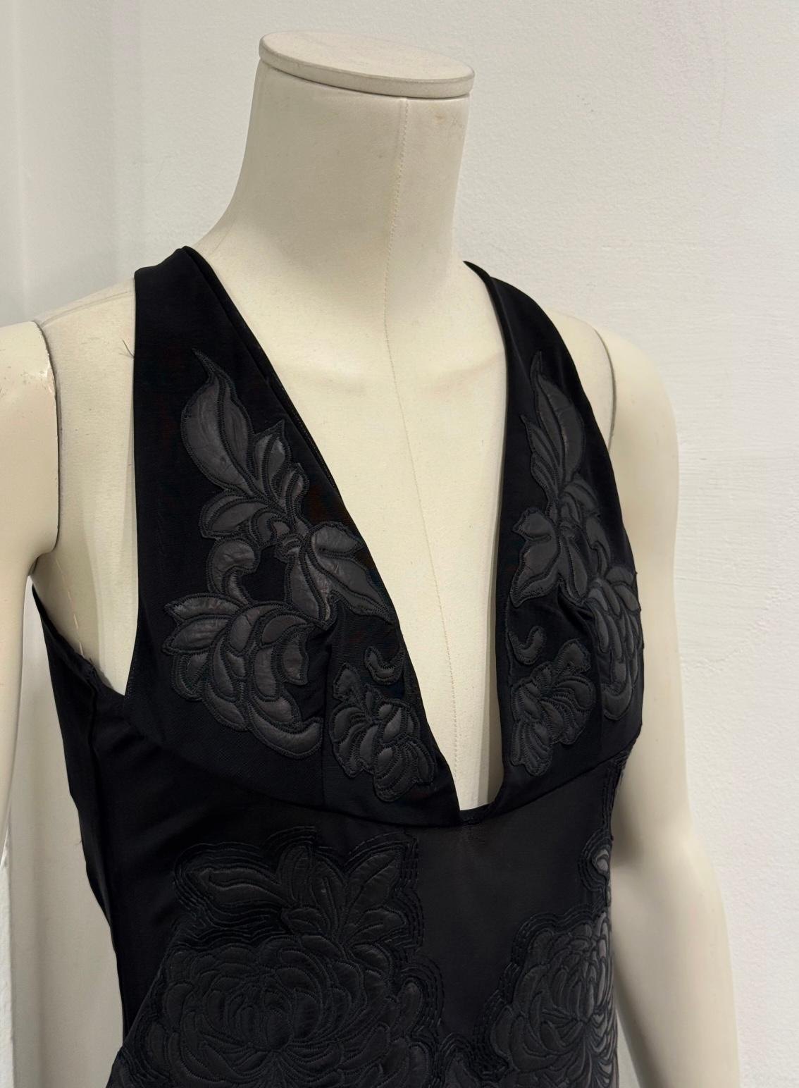 A/W 2002 Roberto Cavalli runway leather floral patches sheer dress en vente 2