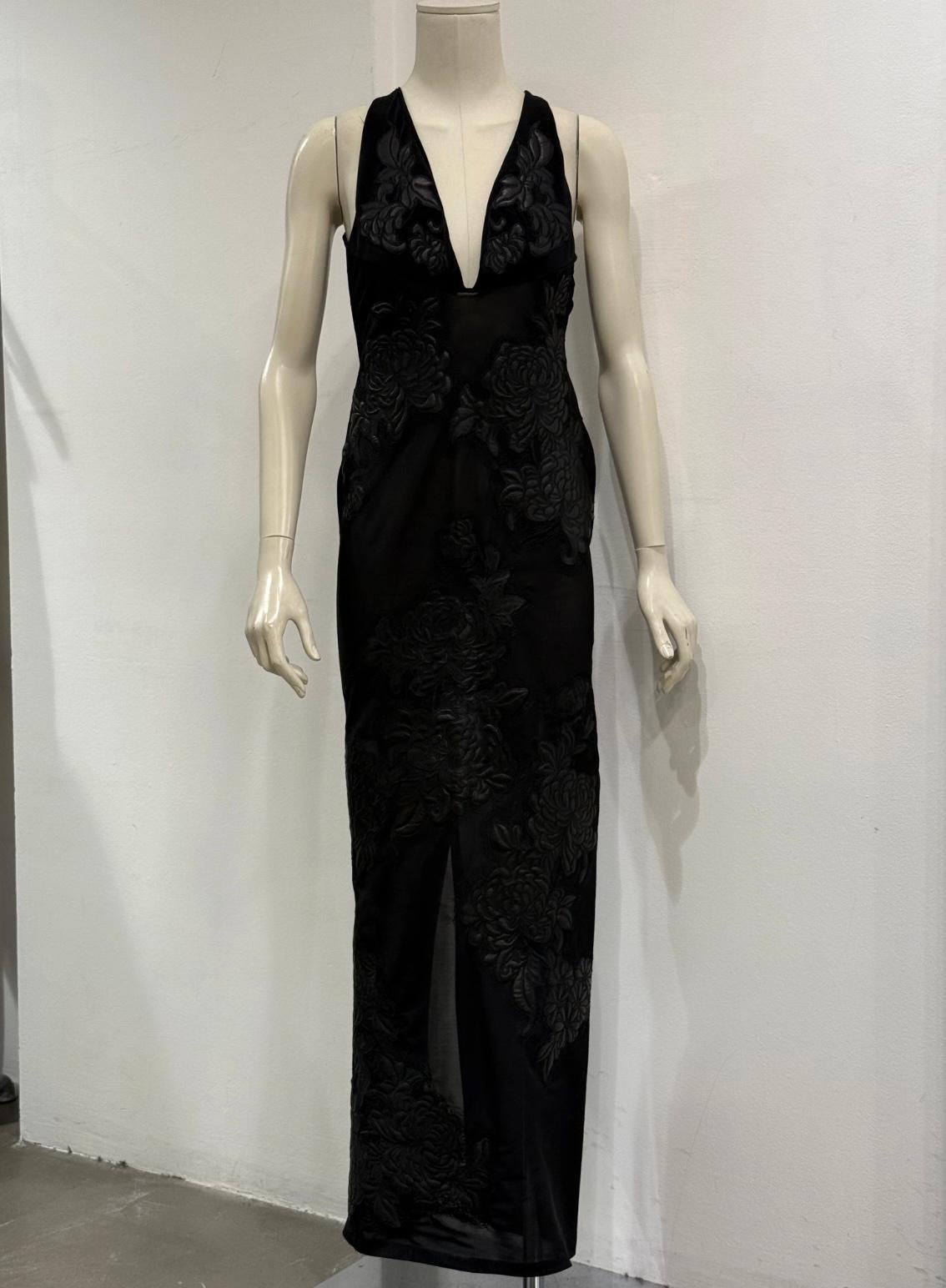A/W 2002 Roberto Cavalli runway leather floral patches sheer dress en vente 3