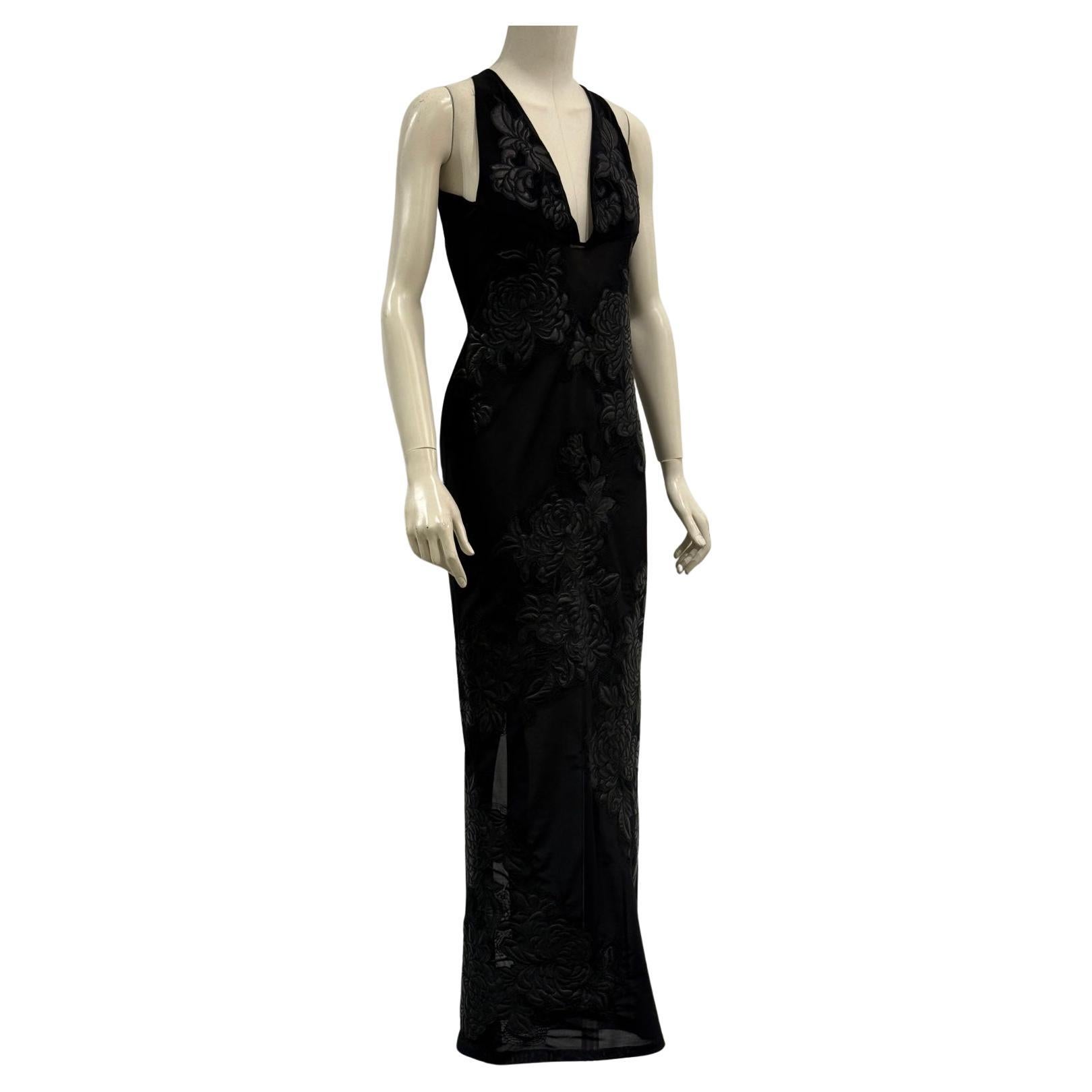 A/W 2002 Roberto Cavalli runway leather floral patches sheer dress en vente