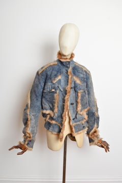 A/W 2003 John Galliano Laufsteg Blau Distressed Wildleder Shearling Bomberjacke