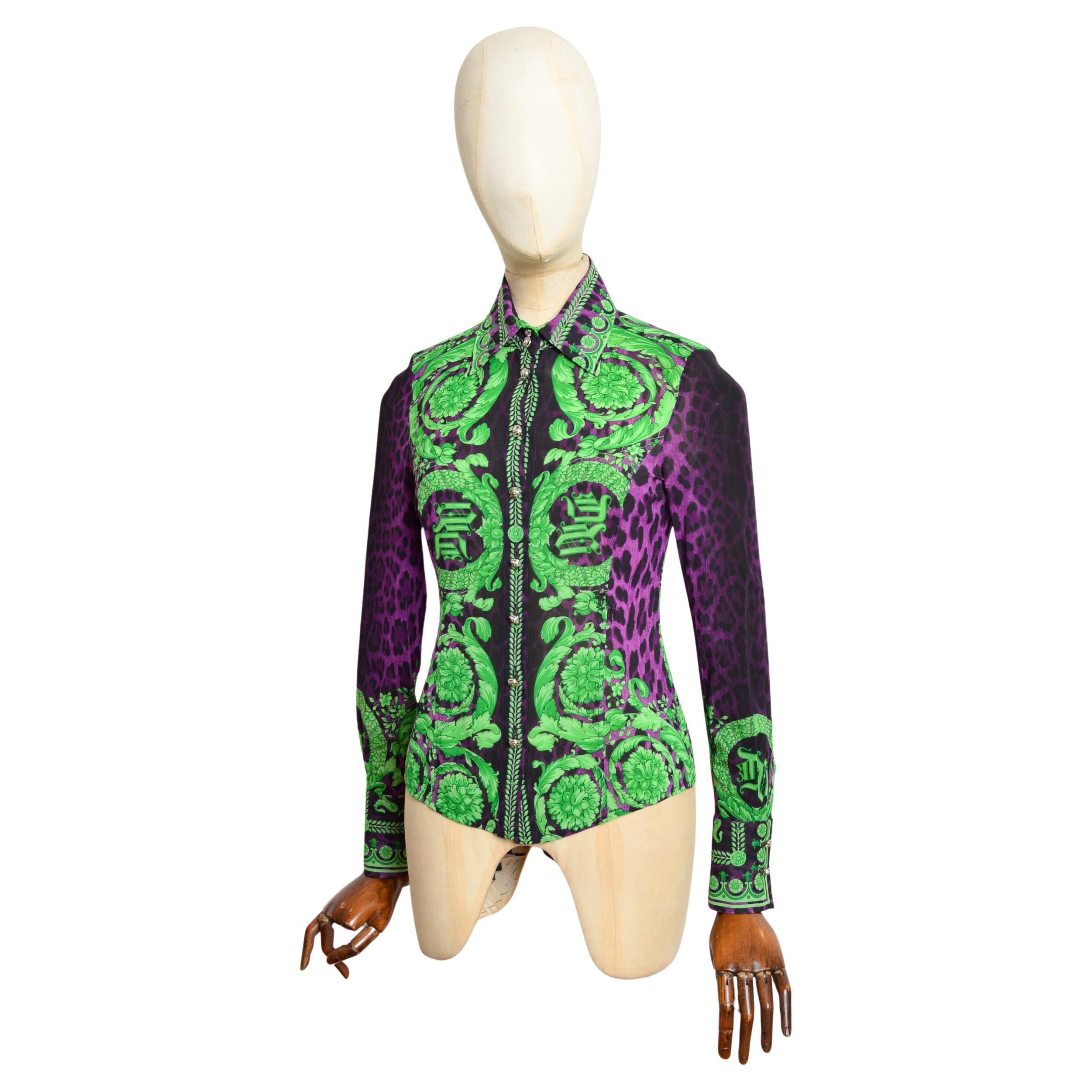 A/W 2004 - 2005 Donatella Versace Runway Purple Green Baroque silk Rococo Shirt