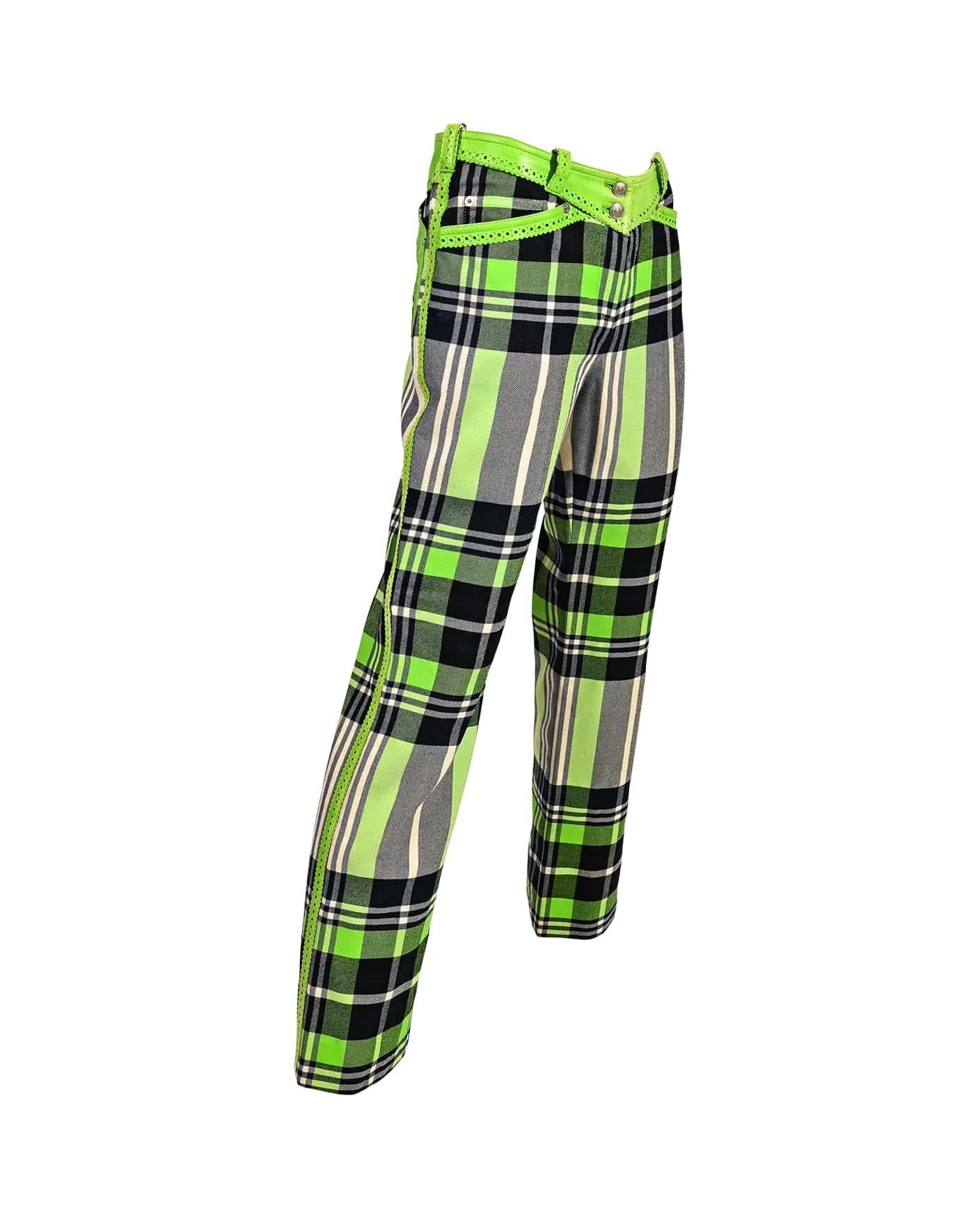 A/W 2004 Christian Dior by Galliano neon green and plaid mid-rise pants with leather perforated details throughout waist and back pockets. 