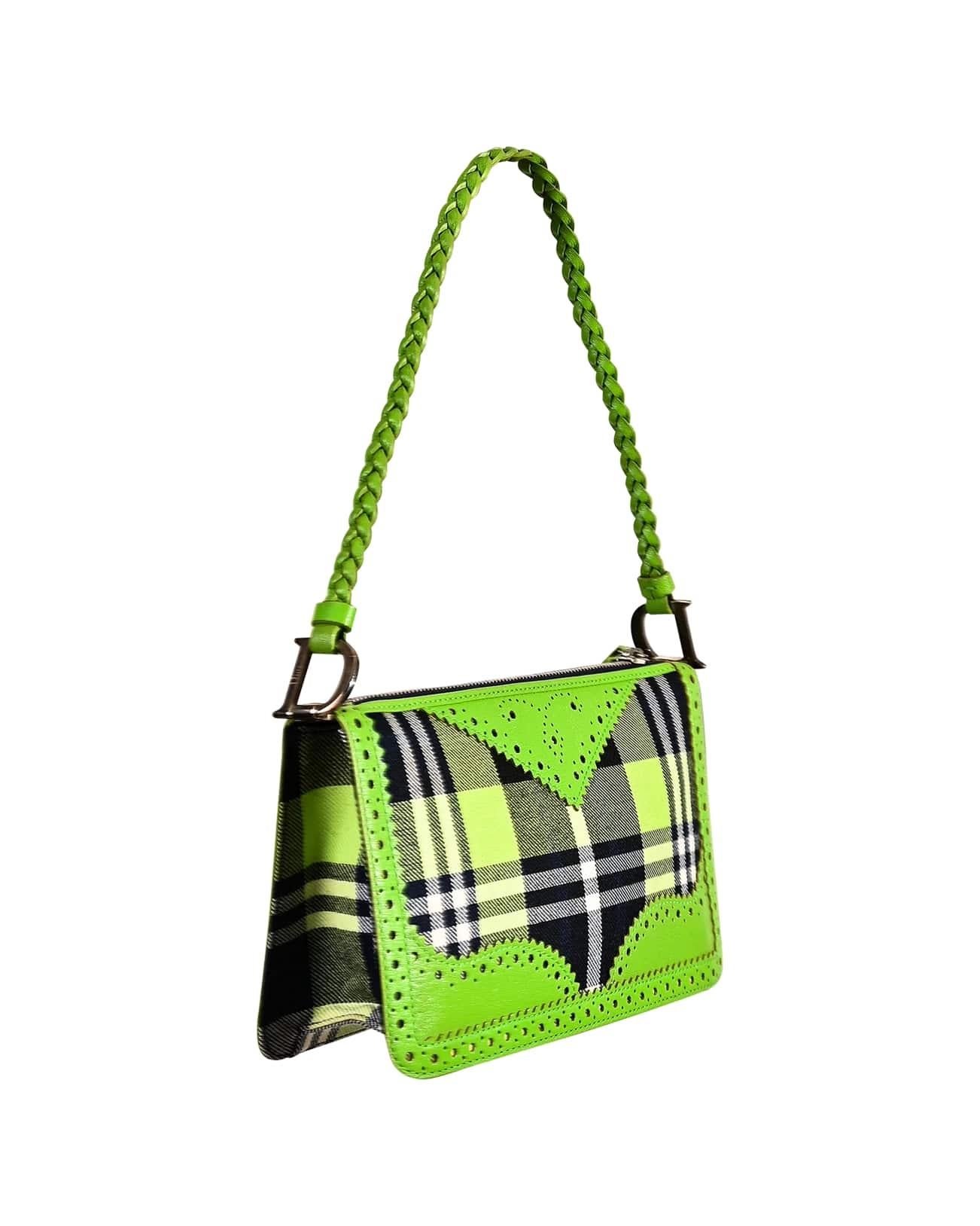A/W 2004 Christian Dior by Galliano neon green and plaid purse with braided handle and embellished Dior “D” silver side attachments. Matching pants available. As seen on actress Michelle Hicks, and white/black/pink colorway popularized by the