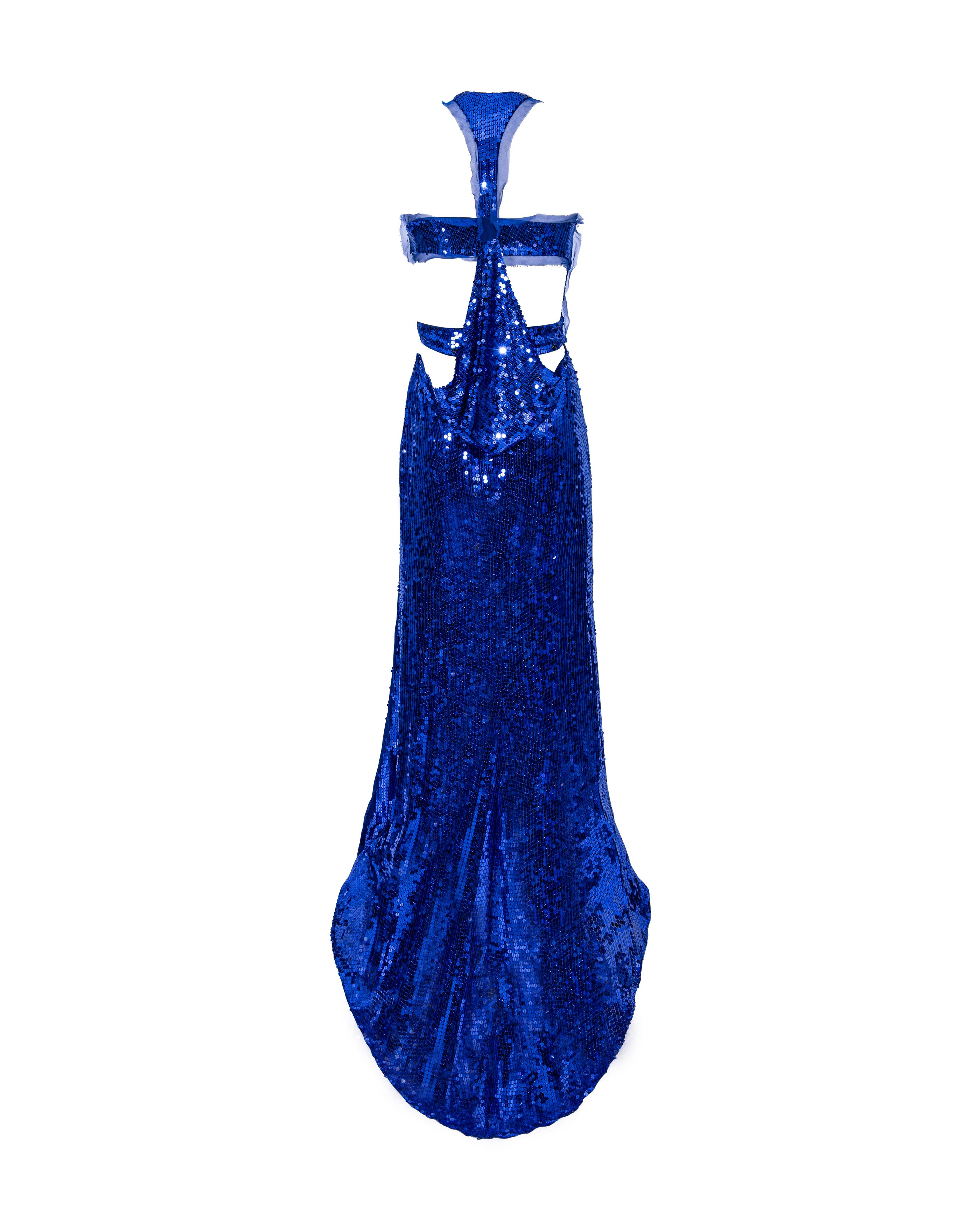 A/W 2004 Gucci by Tom Ford Blaues Paillettenkleid mit Ausschnitt 1