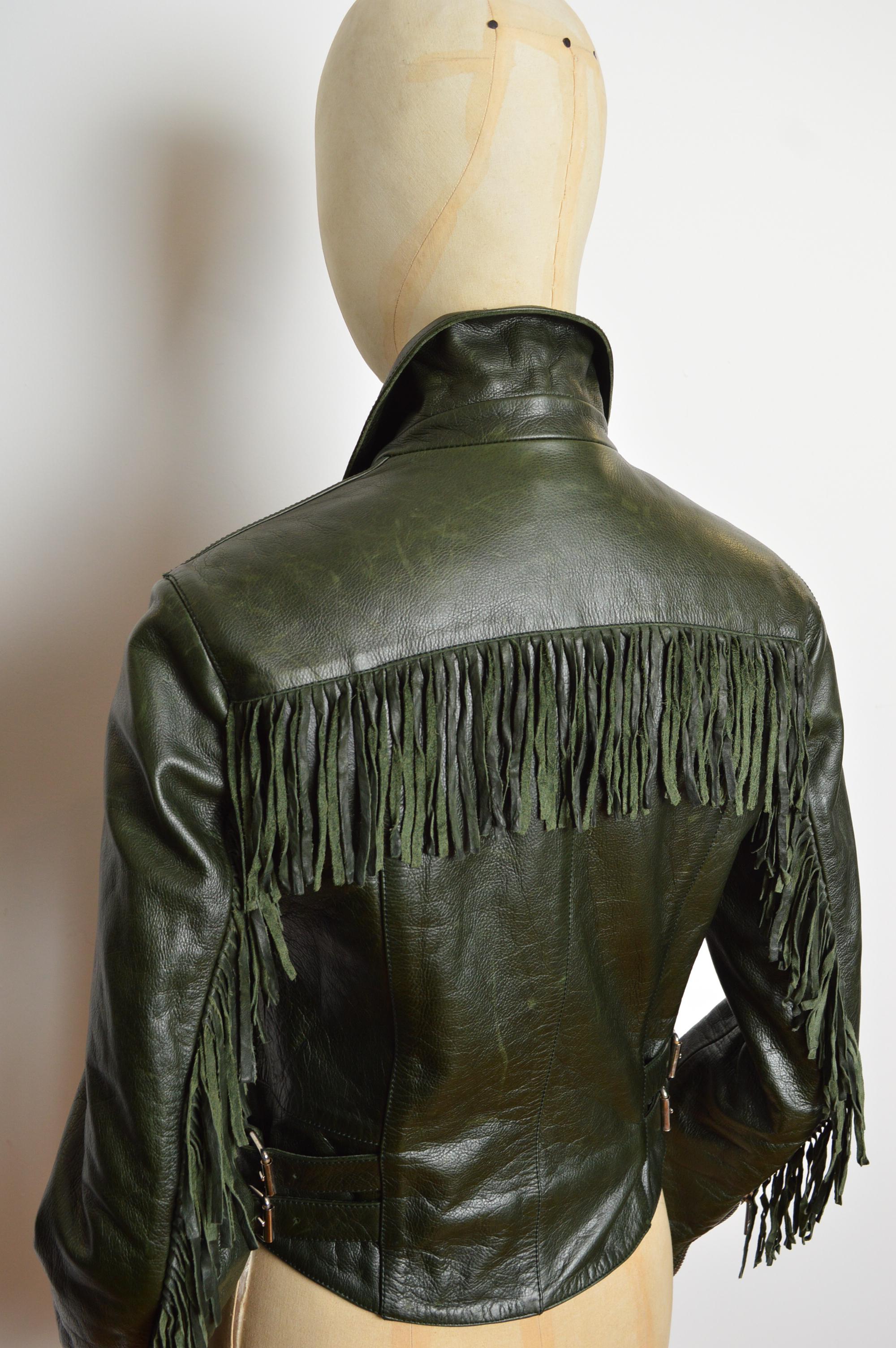 A/H 2005 - 2006 Alexander McQueen - Veste en cuir frangée vert diesel foncé en vente 6