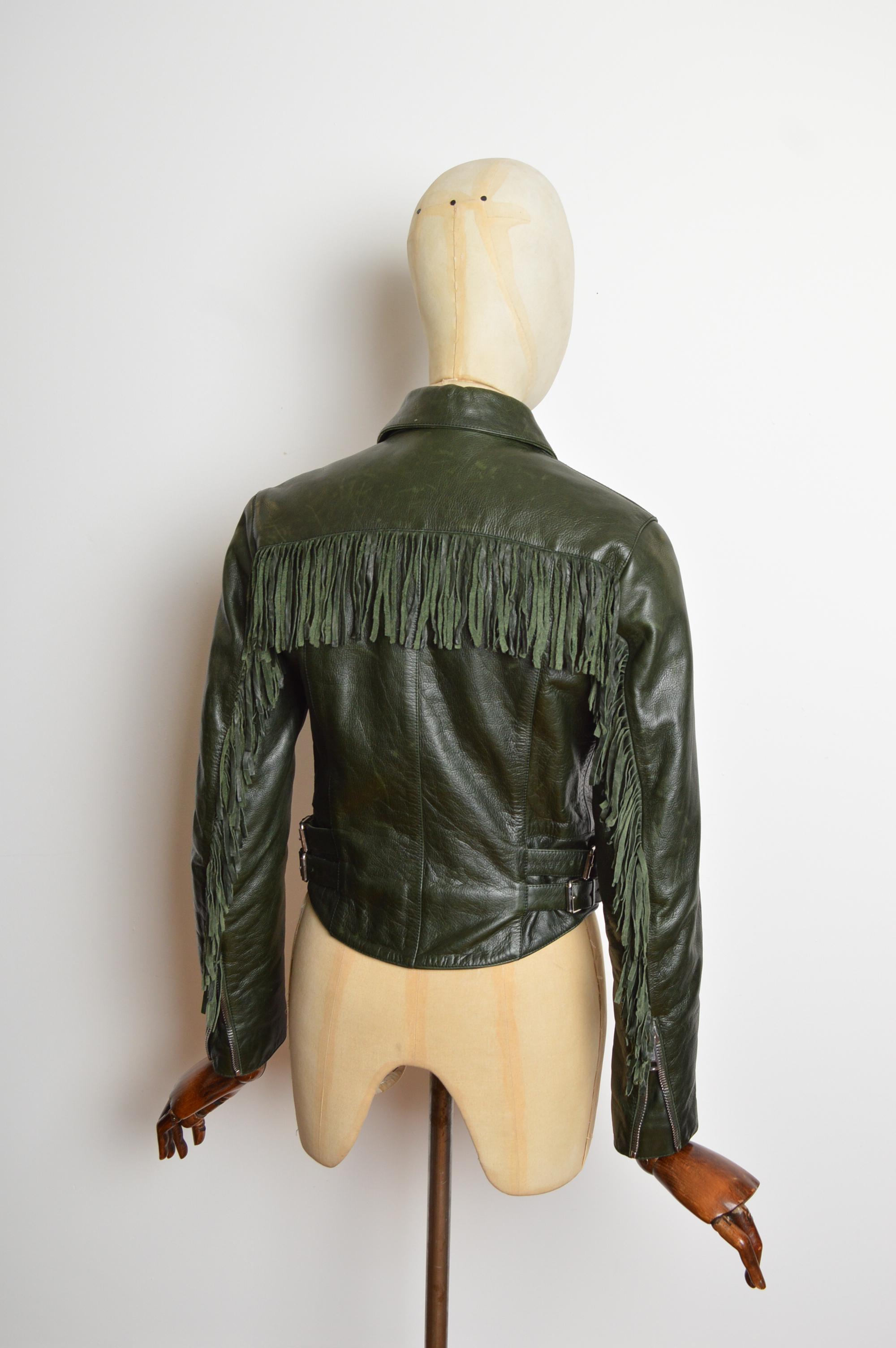 A/H 2005 - 2006 Alexander McQueen - Veste en cuir frangée vert diesel foncé en vente 9