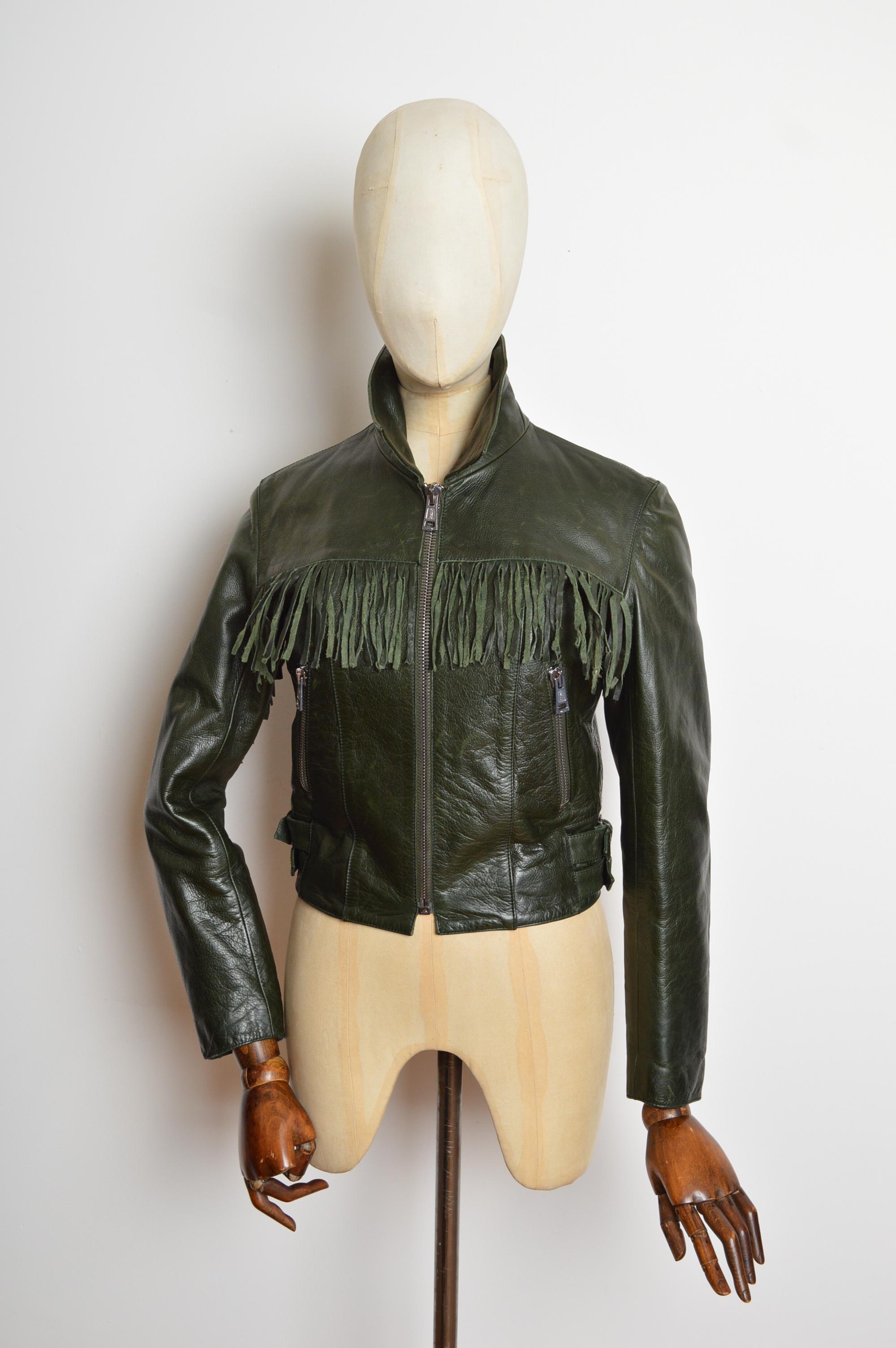 A/H 2005 - 2006 Alexander McQueen - Veste en cuir frangée vert diesel foncé Bon état - En vente à Sheffield, GB