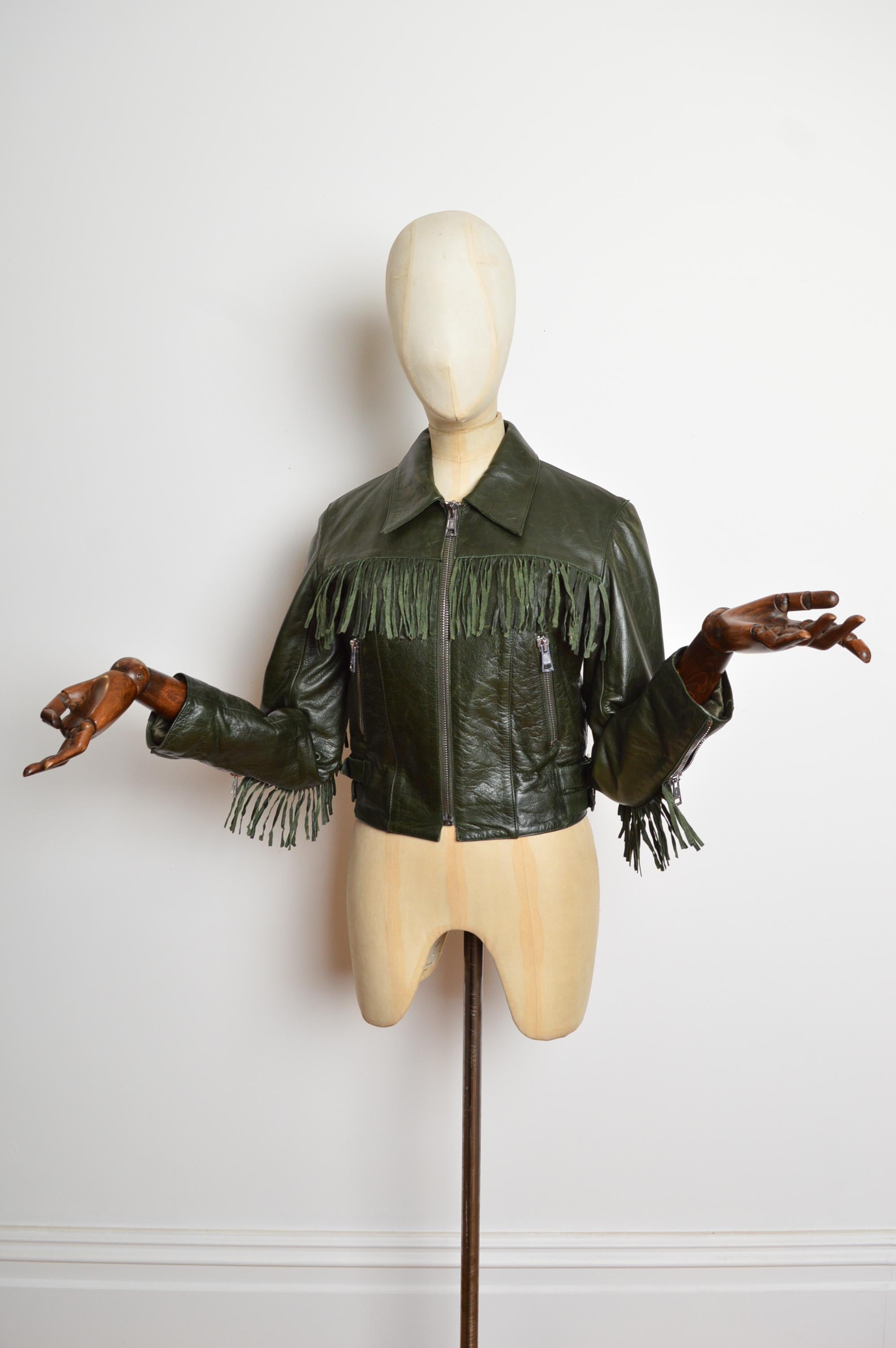 A/H 2005 - 2006 Alexander McQueen - Veste en cuir frangée vert diesel foncé en vente 4