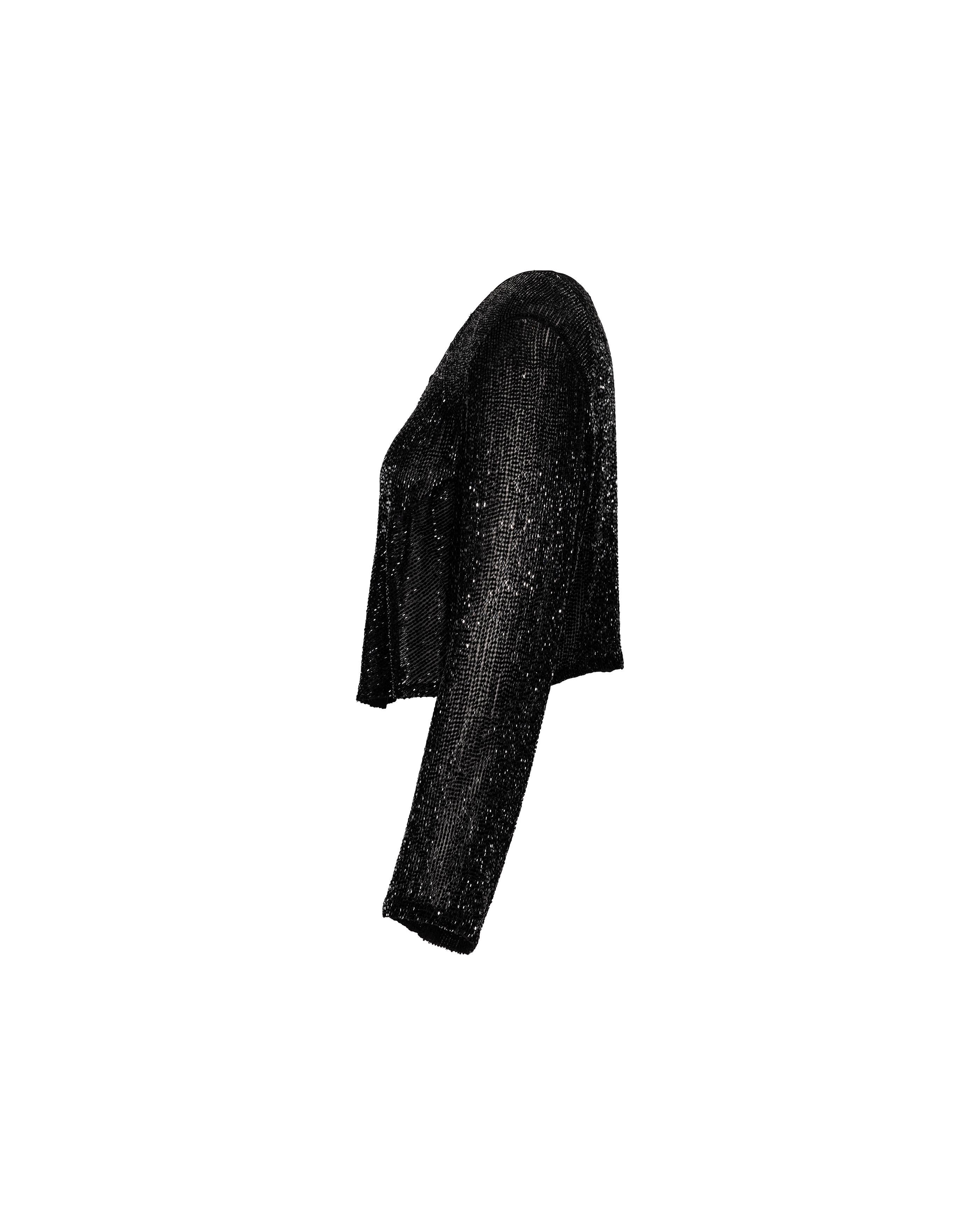 A/W 2005 Chloé by Phoebe Philo silk fully beaded evening jacket. Black collarless jacket with beaded accents. Two hook closures at bust allows for styling open, as keyhole, or as single center clasp. 