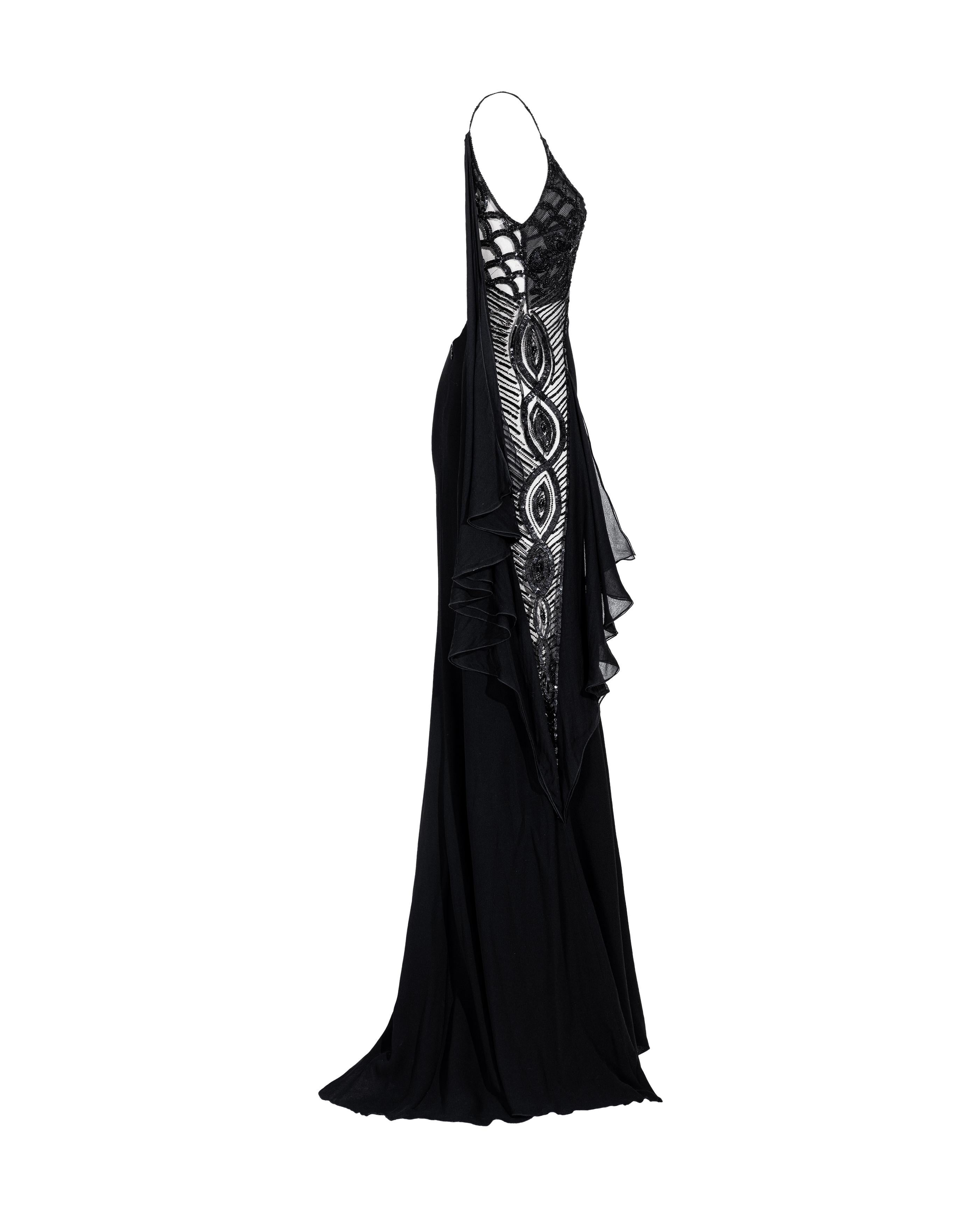 A/W 2006 Valentino Black Silk Embellished Floral Asymmetrical Gown 7