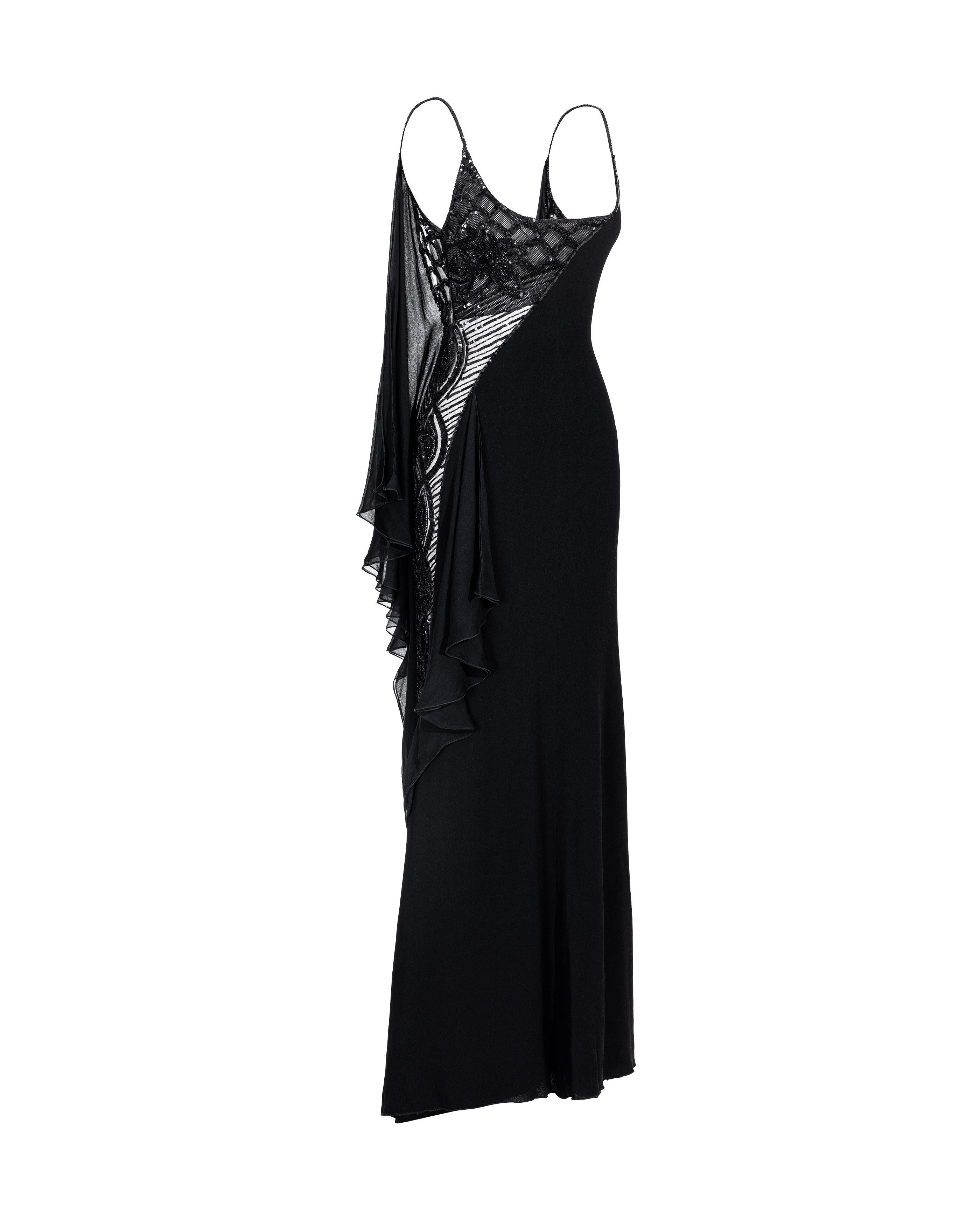 A/W 2006 Valentino Black Silk Embellished Floral Asymmetrical Gown In Good Condition In North Hollywood, CA