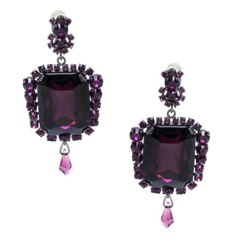 Extremely large gunmetal and purple crystal drop statement earrings by Christian Dior from the Autumn/Winter 07/08 campaign.  These are the exact earrings worn on the runway by Lily Cole and without question were some of the most flamboyant ever