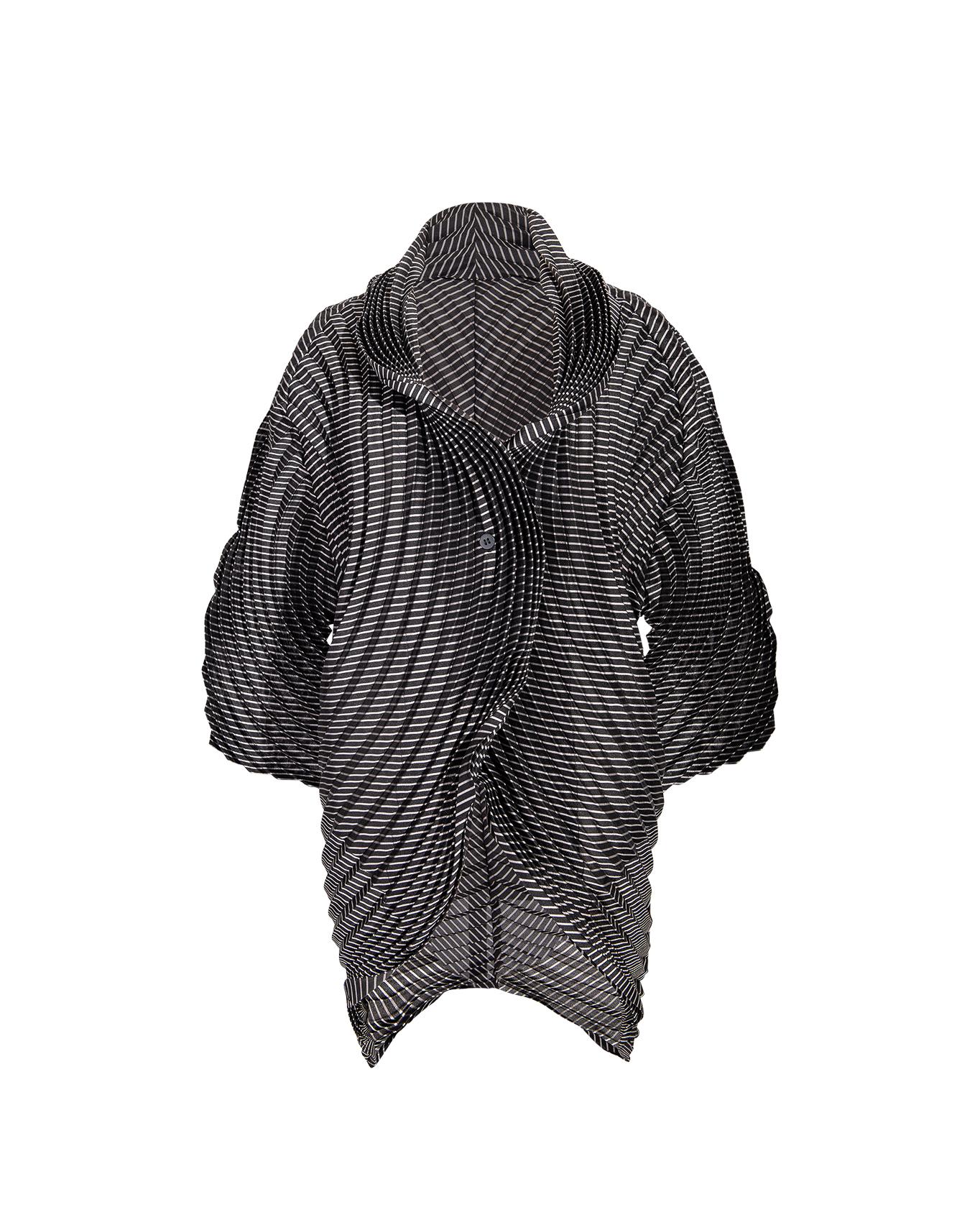 A/W 2014 Issey Miyake grey and black structured spiral cardigan. Thick Issey Miyake signature pleating throughout that appears to form concentric circles. Single center button closure. As seen on the runway.