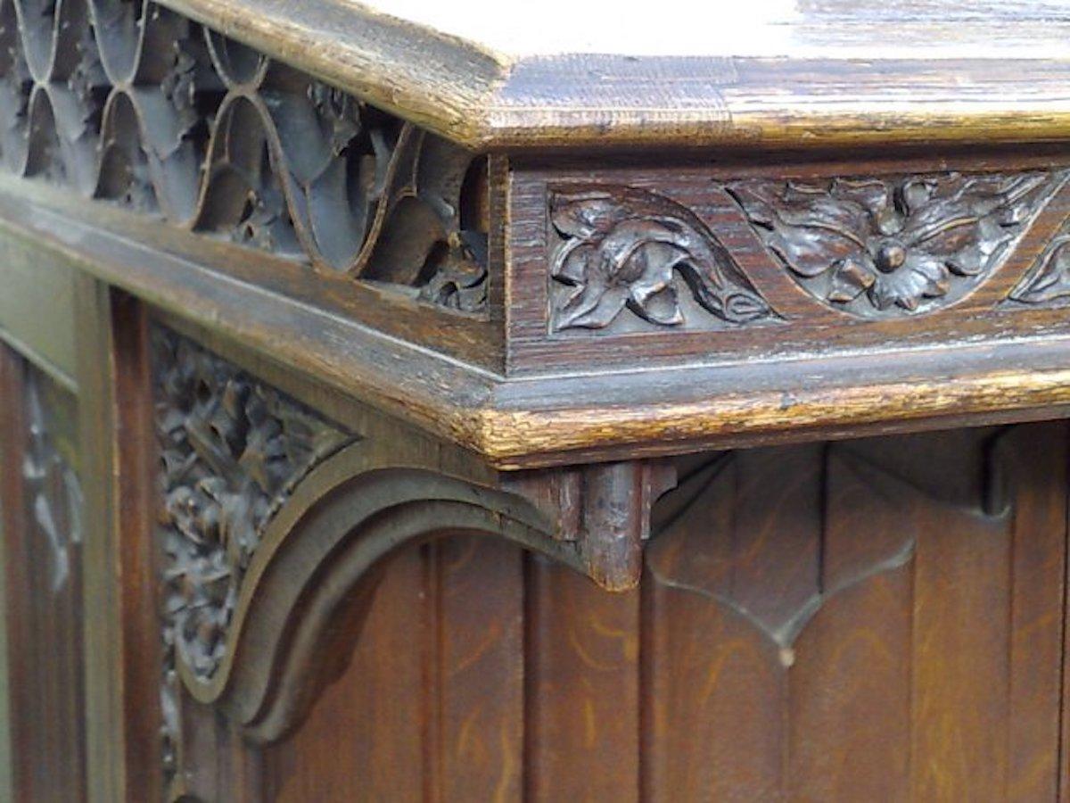 A W N Pugin Attri, Gothic Revival Oak Davenport with Linenfold & Floral Carving For Sale 5