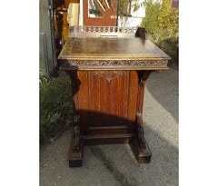 A W N Pugin Attri, Gothic Revival Oak Davenport with Linenfold & Floral Carving
