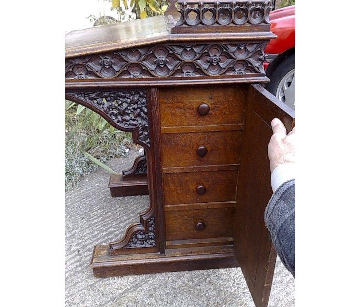 English A W N Pugin Attri, Gothic Revival Oak Davenport with Linenfold & Floral Carving For Sale