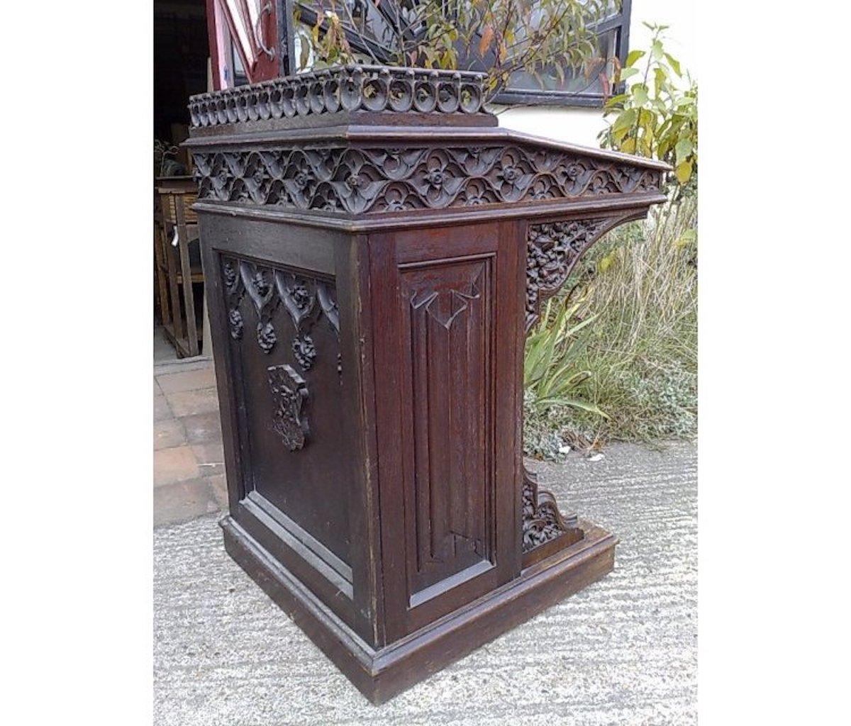 Hand-Carved A W N Pugin Attri, Gothic Revival Oak Davenport with Linenfold & Floral Carving For Sale