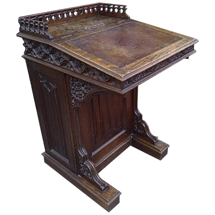 A W N Pugin Attri, Gothic Revival Oak Davenport with Linenfold & Floral Carving For Sale