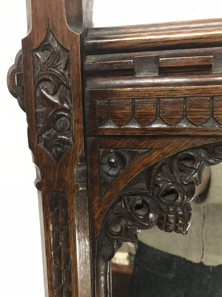 A W N Pugin Attributed, Gothic Revival Carved Oak Wall or Pier Mirror 1