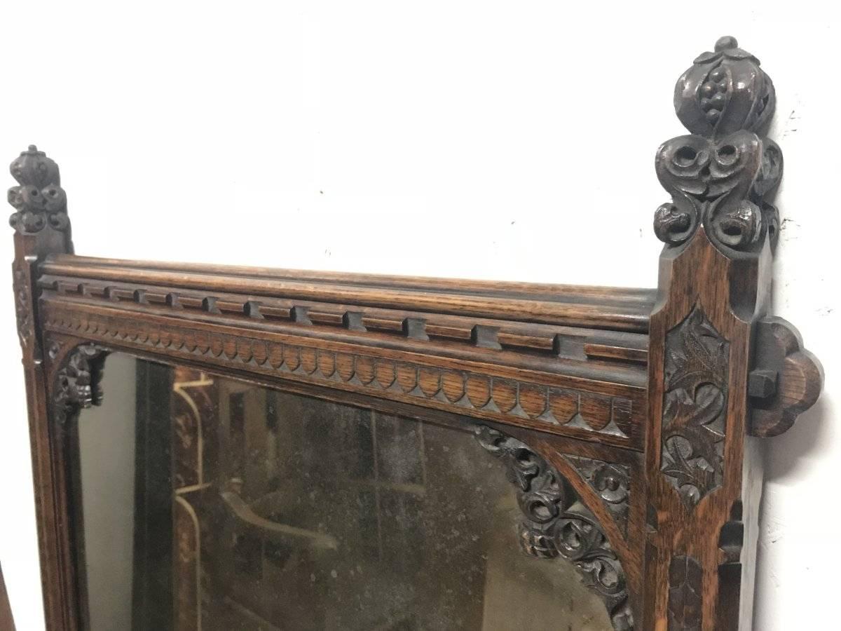 A W N Pugin Attributed, Gothic Revival Carved Oak Wall or Pier Mirror 3