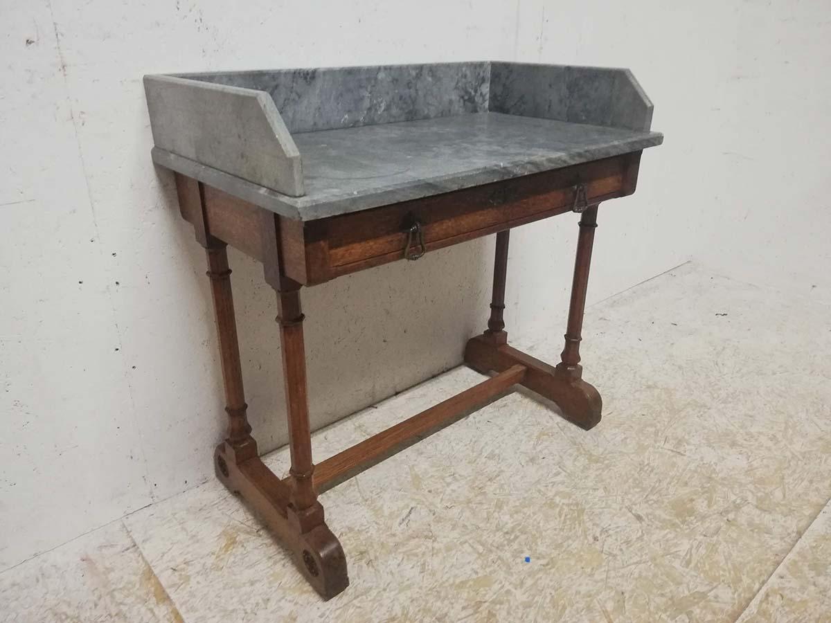 English A W N Pugin Gillows, Gothic Revival Oak Marble-Top Washstand with Carved Florets