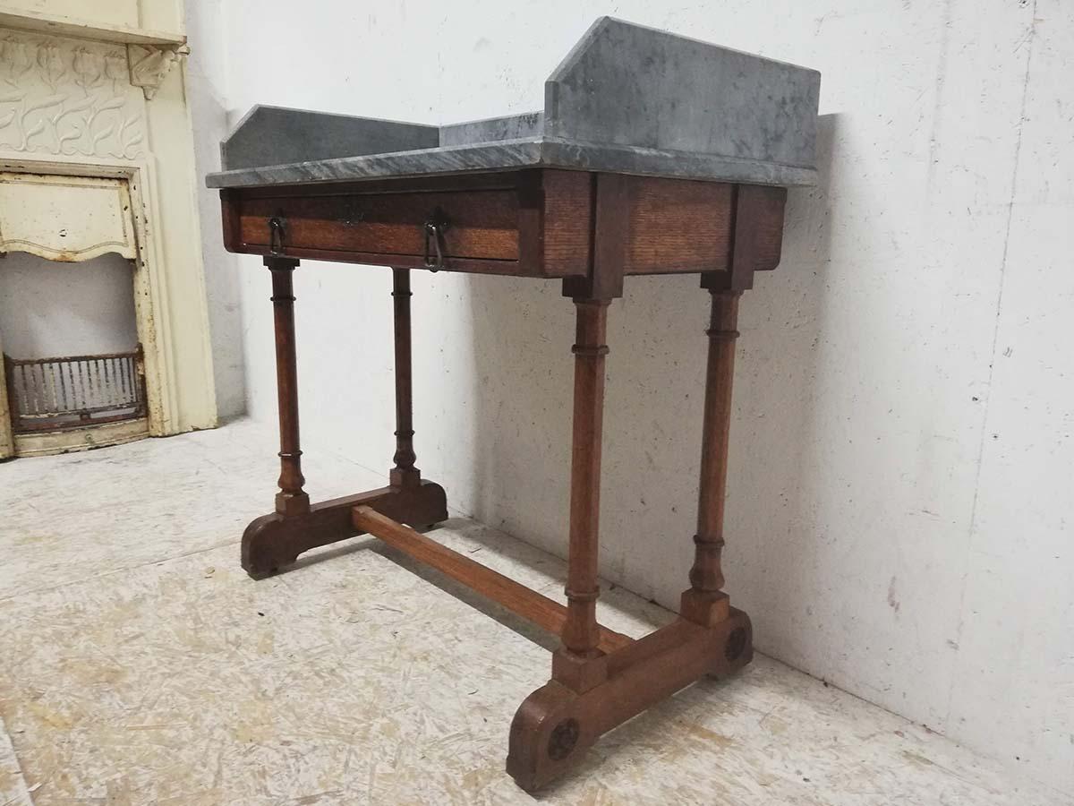 Hand-Crafted A W N Pugin Gillows, Gothic Revival Oak Marble-Top Washstand with Carved Florets