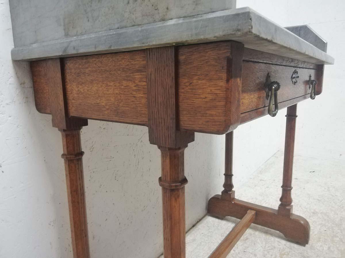 A W N Pugin Gillows, Gothic Revival Oak Marble-Top Washstand with Carved Florets 1
