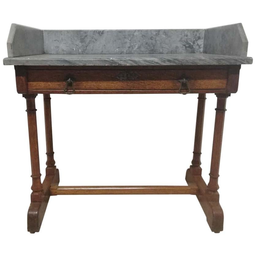 A W N Pugin Gillows, Gothic Revival Oak Marble-Top Washstand with Carved Florets